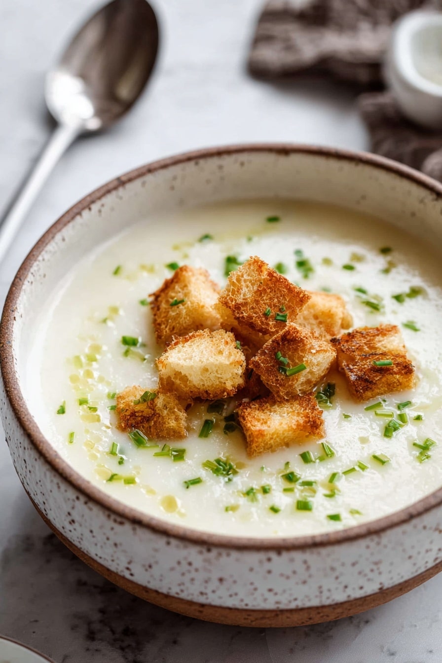 A small white oval bowl filled with creamy, pale yellow soup forms the base layer, topped with scattered small green chopped chives that add texture and color. Bright yellow drops of olive oil are delicately drizzled across the surface, along with a light sprinkle of fine black pepper, creating a speckled effect. The bowl sits on a white marbled surface, and partial views of similar bowls surround it, emphasizing the cozy and fresh presentation. Photo taken with an iphone --ar 2:3 --v 7 - Creamy Roasted Garlic Potato Soup, roasted garlic potato soup recipe, velvety garlic potato soup, comforting potato soup with roasted garlic, easy hearty garlic potato soup