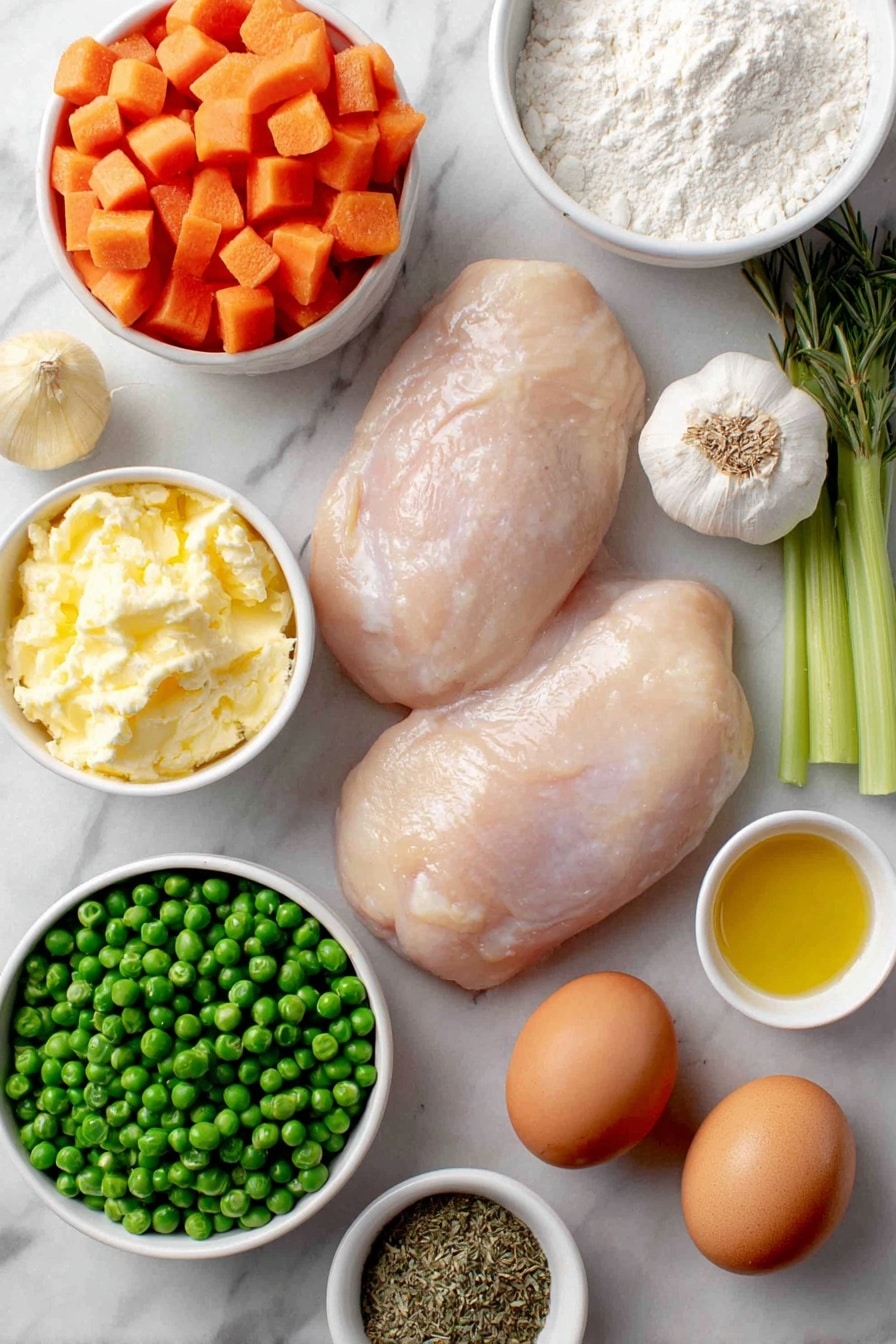 Flat lay of bone-in skinless chicken breasts with pale pink flesh and smooth skin, a small yellow onion whole and unpeeled, three whole garlic cloves unbroken, two bright green celery stalks, a handful of fresh diced orange carrots, a small mound of vibrant green frozen peas, a small white bowl filled with golden olive oil, a small white bowl with pale yellow melted butter, a small white bowl holding off-white half and half cream, a small white bowl with fine white cake flour, a small white bowl with light brown granulated sugar, two whole brown eggs with clean uncracked shells, a small white bowl containing a mixture of dried herbs including basil, parsley, thyme, rosemary, and a small white bowl of chicken broth with a rich amber tone, arranged symmetrically on a clean white marble surface, soft natural light, photo taken with an iPhone, professional food photography style, fresh ingredients, white ceramic bowls, no bottles, no duplicates, no utensils, no packaging --ar 2:3 --v 7 --p awthu7i m7354615311229779997 - Creamy Chicken and Dumplings, chicken and dumplings, homemade comfort food, easy chicken and dumplings, cozy dinner ideas