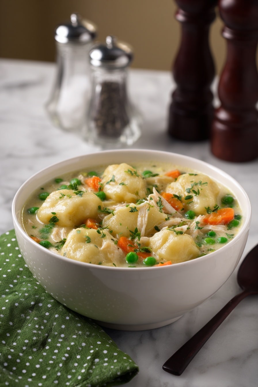 A close-up view of a white pot filled with a creamy stew, showing many light beige dumplings floating on top. Below the dumplings, small pieces of orange carrot, light green celery, and shredded light beige chicken are visible in the thick, pale sauce. Tiny green herb flecks are sprinkled across the dumplings and stew. A silver ladle is partially submerged in the pot, with a blue spoon inside the pot scooping some stew. The pot is placed on a white marbled surface with a green cloth nearby. photo taken with an iphone --ar 2:3 --v 7 - Creamy Chicken and Dumplings, chicken and dumplings, homemade comfort food, easy chicken and dumplings, cozy dinner ideas