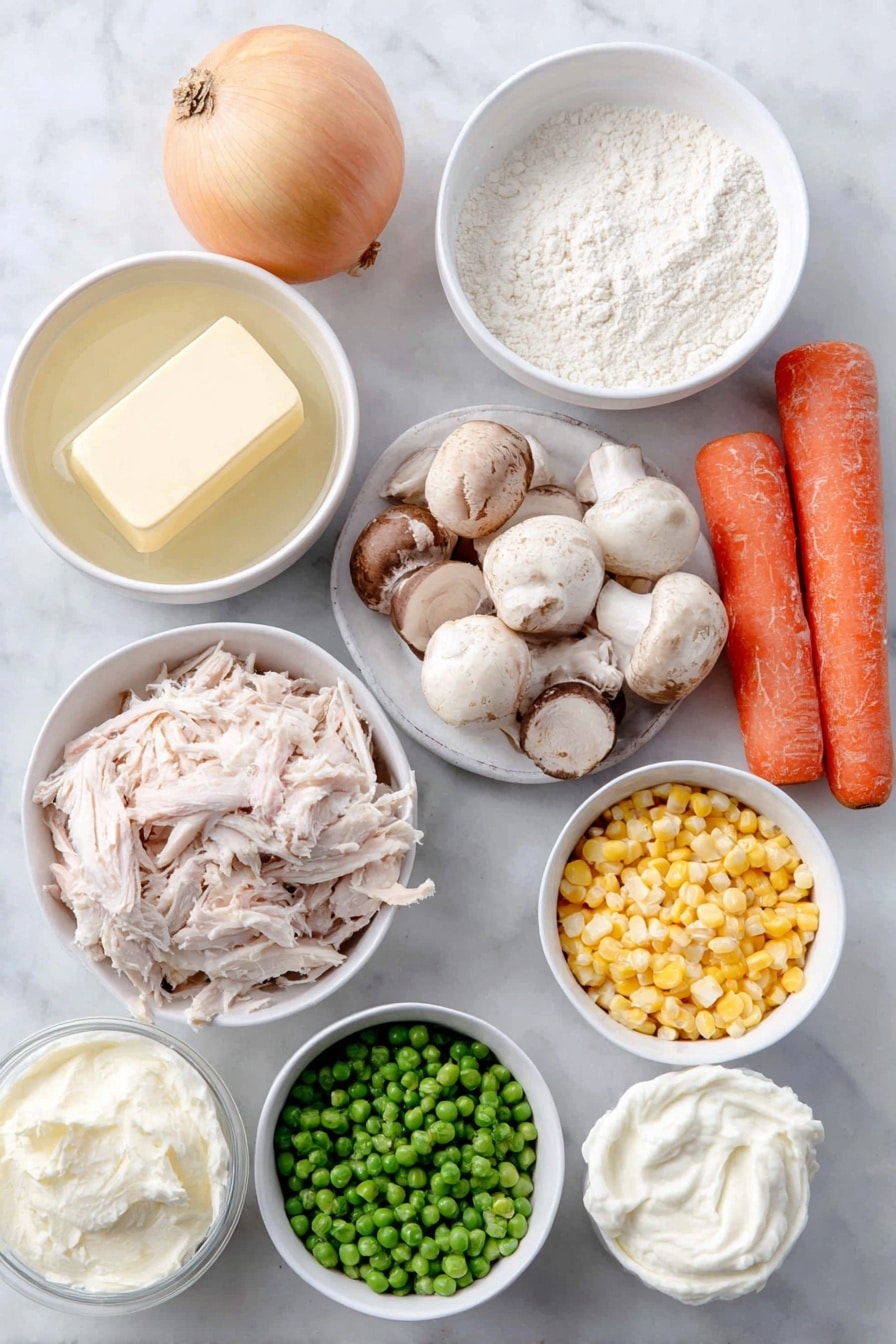 Flat lay of unsalted butter in a simple white ceramic bowl, a medium whole yellow onion with its smooth skin, two medium fresh carrots whole, two celery stalks with leafy tops, white and brown mushrooms sliced in a white bowl, three whole uncracked garlic cloves, a small white bowl filled with all-purpose flour, a small white bowl with clear chicken stock, Yukon gold potatoes peeled and sliced into thin rounds, shredded cooked chicken neatly piled, a small white bowl of bright green frozen peas, a small white bowl of yellow corn kernels, a small white bowl with creamy whipping cream, and a small pile of fresh green parsley leaves placed on a clean white marble surface, soft natural light, photo taken with an iPhone, professional food photography style, fresh ingredients, white ceramic bowls, no bottles, no duplicates, no utensils, no packaging --ar 2:3 --v 7 --p awthu7i m7354615311229779997 - Chicken Pot Pie Soup, hearty chicken soup, cozy comfort food, easy chicken soup recipe, fall winter soup
