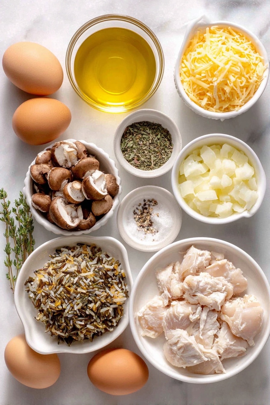 Flat lay of raw wild rice mixture in a small white ceramic bowl, a small diced yellow onion in a white bowl, sliced brown cremini mushrooms arranged beside it, cubed raw boneless skinless chicken breasts neatly placed on a white plate, a small white bowl of golden olive oil, dried basil and dried thyme leaves sprinkled artfully on the surface, a few whole uncracked brown eggs with clean shells, a small white bowl holding creamy condensed mushroom soup, a small white bowl of smooth sour cream, a small white bowl of clear chicken broth, a small pile of shredded sharp cheddar cheese on a white plate, salt and black pepper flakes delicately scattered for visual balance placed on a clean white marble surface, soft natural light, photo taken with an iPhone, professional food photography style, fresh ingredients, white ceramic bowls, no bottles, no duplicates, no utensils, no packaging --ar 2:3 --v 7 --p awthu7i m7354615311229779997 - Creamy Chicken Wild Rice Casserole, chicken and wild rice bake, easy comfort food recipes, hearty chicken casserole, cheesy wild rice dish
