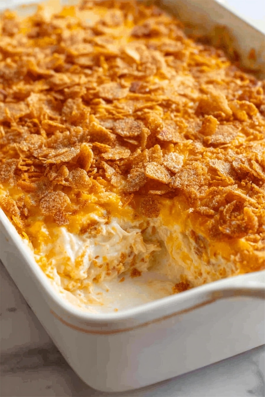 A white rectangular dish filled with a creamy casserole that has been scooped out from one corner, revealing a smooth, thick white sauce mixed with tender pieces of chicken underneath a layer of crispy shredded cheddar cheese and golden, crunchy broken cracker pieces spread evenly on top. The top layer has a toasted texture with a mix of orange and light brown shades from the melted cheese and baked crackers. The dish sits on a white marbled surface. Photo taken with an iphone --ar 2:3 --v 7 - Creamy Chicken Casserole, easy chicken casserole, comforting chicken dinner, cheesy chicken bake, family-friendly casserole