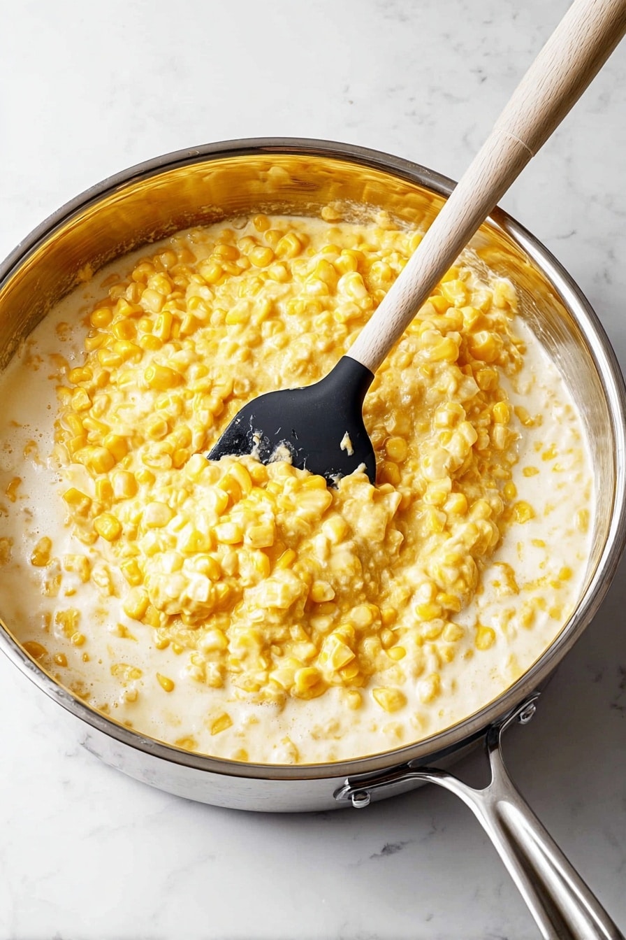 A shiny stainless steel pan filled with creamy corn that has two main layers: the bottom layer shows plump yellow corn kernels in a white creamy sauce, while the top layer is a thicker, more solid yellow corn mixture that looks soft and slightly lumpy. A black spatula with a light wooden handle is scooping some of the thicker yellow layer from the center, with a white marbled surface underneath the pan. photo taken with an iphone --ar 2:3 --v 7 - Creamed Corn Recipe, Creamed Corn with Rich Smooth Flavor, Easy Corn Side Dish, Cozy Corn Recipes, Holiday Side Dishes