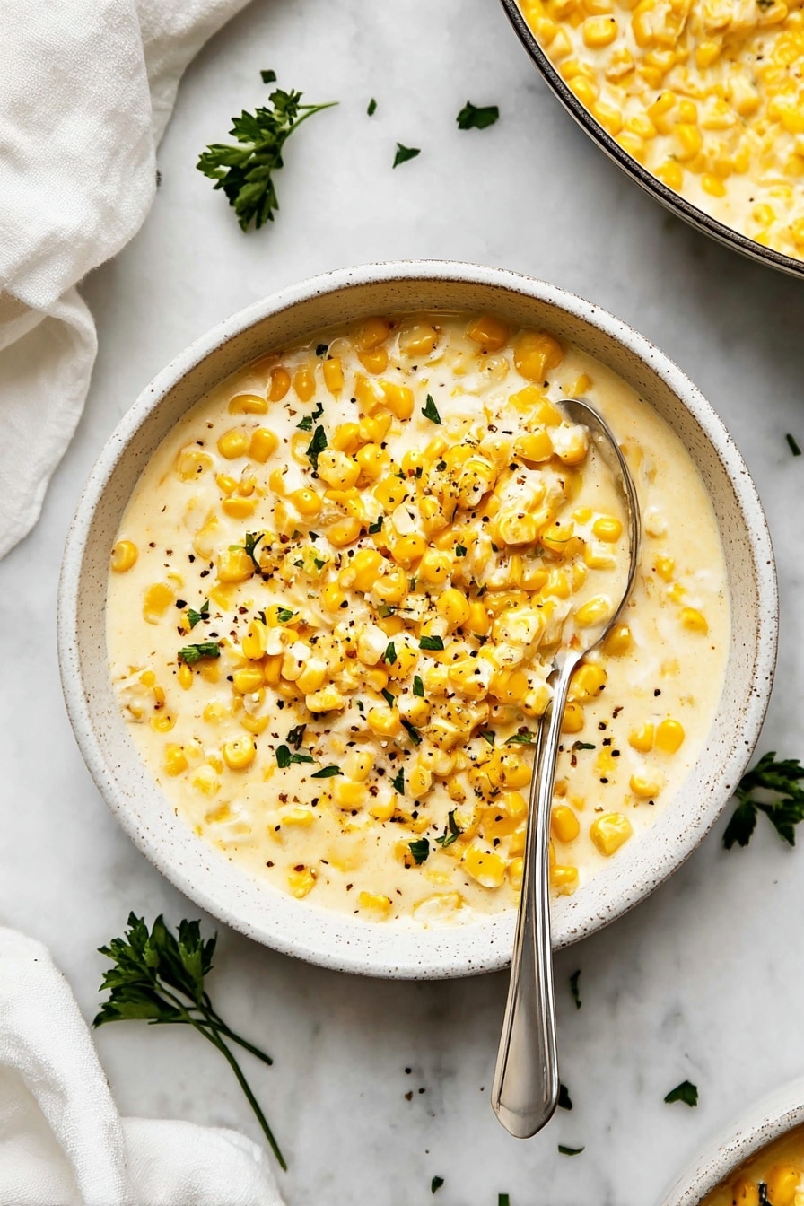 The image shows a bowl filled with creamy corn in a smooth, light yellow sauce mixed with bright yellow corn kernels. The corn is topped with small pieces of green parsley and sprinkled with black pepper. A spoon is partially inside the bowl, scooping some of the creamy corn. The bowl is white with a rough texture on the outside, placed on a white marbled surface with some green parsley scattered around. There is also a white cloth nearby and part of a pan with the same creamy corn mixture visible in the top right corner. Photo taken with an iphone --ar 2:3 --v 7 - Creamed Corn Recipe, Creamed Corn with Rich Smooth Flavor, Easy Corn Side Dish, Cozy Corn Recipes, Holiday Side Dishes