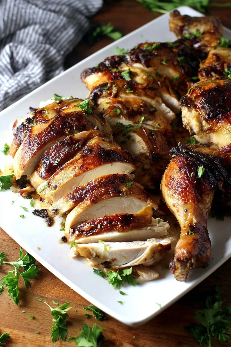 A white rectangular plate holds several pieces of cooked chicken with a golden brown crispy skin, some parts darker and slightly charred. The chicken is sliced into thick slices arranged in layers from left to right, showing tender white meat inside. There is a whole chicken leg placed on the bottom right corner of the plate. The chicken is sprinkled with fresh green parsley leaves for garnish. The plate rests on a wooden surface with scattered parsley leaves around and a gray striped cloth partially visible in the background. photo taken with an iphone --ar 2:3 --v 7 - Perfect Roast Turkey, roast turkey recipe, crispy turkey skin, juicy turkey, holiday turkey dinner