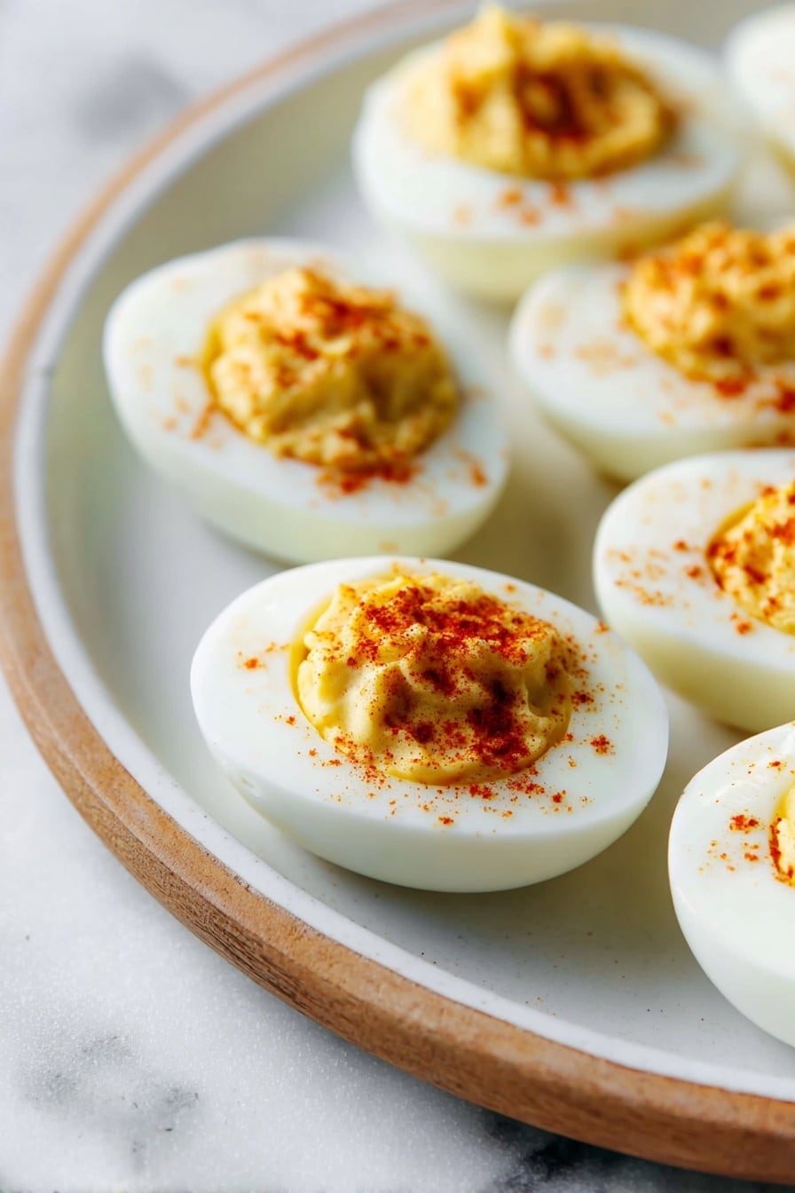 The image shows a white round plate with several halved boiled eggs neatly arranged. Each egg has two layers: a smooth, bright white egg white outer layer forming the base and a creamy, pale yellow yolk mixture filling the hollow center, topped with a light dusting of reddish-orange spice, likely paprika. The eggs are placed on a white marbled surface, and the plate has a thin wooden rim. The focus is close on the eggs, showing their moist texture and soft yolk filling clearly. Photo taken with an iphone --ar 2:3 --v 7 - Deviled Eggs Classic, Easy Deviled Eggs, Creamy Deviled Eggs, Crowd-Pleasing Appetizer, Egg Salad Snacks