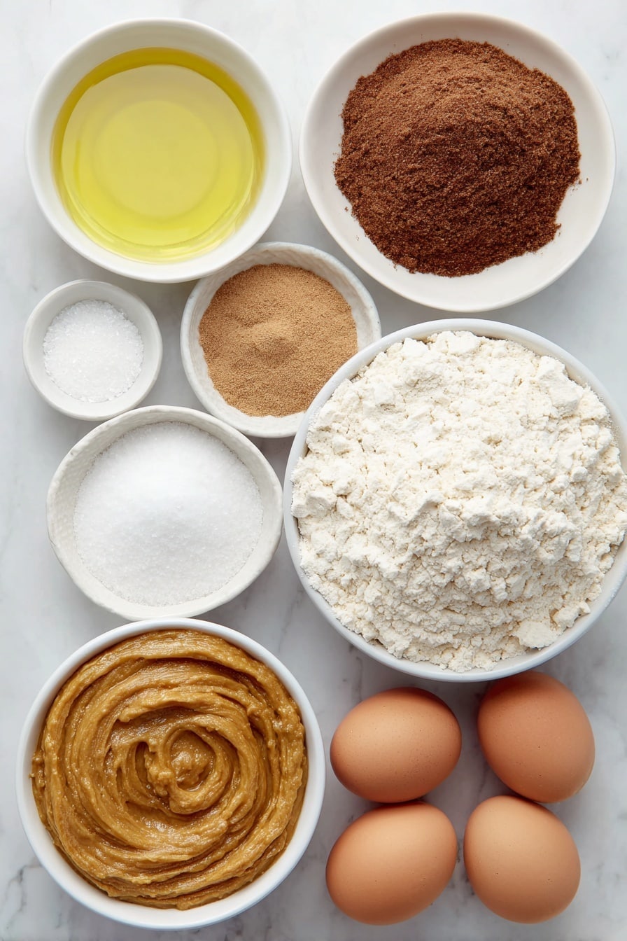 Flat lay of a small white ceramic bowl of golden vegetable oil, a small white ceramic bowl filled with white granulated sugar, two large brown eggs with clean shells, a small white ceramic bowl of rich orange pumpkin purée, a small white ceramic bowl heaped with pale all-purpose flour, a small white ceramic bowl containing warm brown pumpkin pie spice, a small white ceramic bowl with white baking soda powder, a small white ceramic bowl holding white baking powder, and a small white ceramic bowl filled with fine white salt, all arranged in perfect symmetry placed on a clean white marble surface, soft natural light, photo taken with an iPhone, professional food photography style, fresh ingredients, white ceramic bowls, no bottles, no duplicates, no utensils, no packaging --ar 2:3 --v 7 --p awthu7i m7354615311229779997 - Easy Pumpkin Bread, Pumpkin Bread Recipe, Moist Pumpkin Bread, Autumn Pumpkin Loaf, Quick Pumpkin Bread