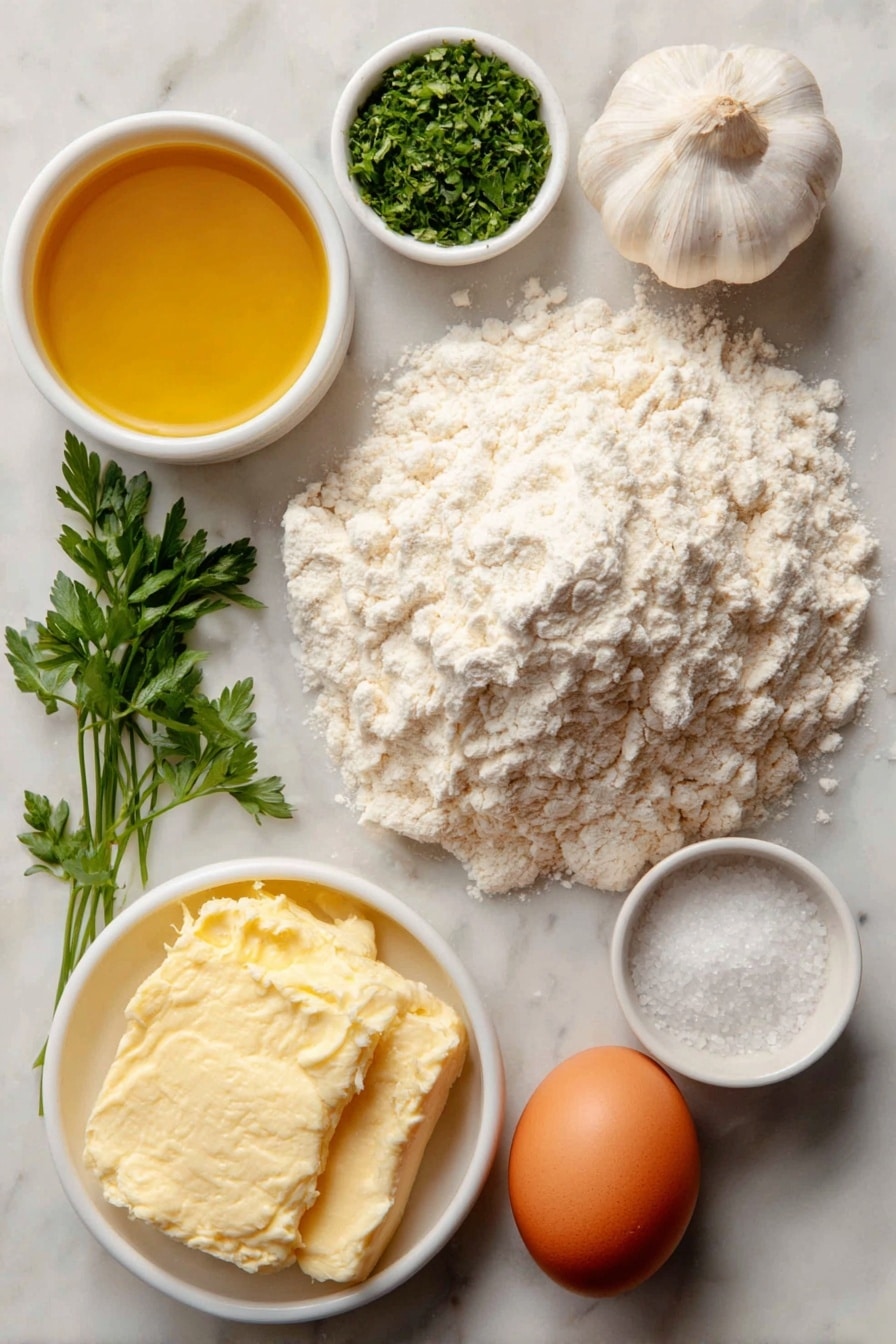Flat lay of a small mound of white bread flour, a single large brown egg with an uncracked shell, a small white ceramic bowl of warm milk, a few granules of sugar scattered near the bowl, a pinch of salt crystals, a fresh whole garlic clove, a few sprigs of bright green chopped fresh parsley, a small white ceramic bowl of golden vegetable oil, and a small white ceramic bowl with melted butter, placed on a clean white marble surface, soft natural light, photo taken with an iPhone, professional food photography style, fresh ingredients, white ceramic bowls, no bottles, no duplicates, no utensils, no packaging --ar 2:3 --v 7 --p awthu7i m7354615311229779997 - Garlic Butter Dinner Rolls, easy homemade dinner rolls, fluffy garlic bread rolls, buttery dinner rolls recipe, soft yeast dinner rolls