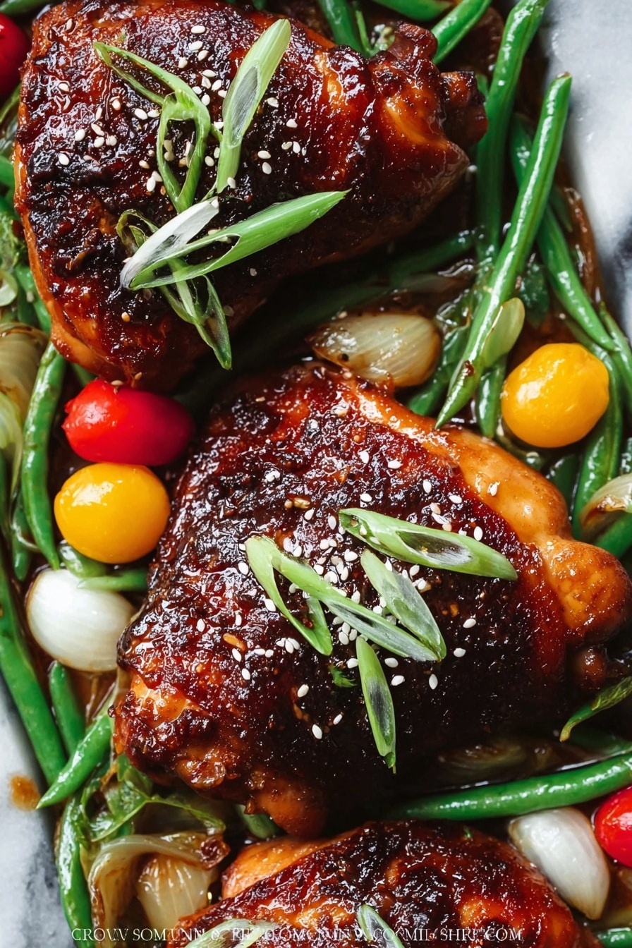 The image shows three pieces of dark brown cooked chicken with a shiny glaze, arranged close together on a white marbled surface. Each piece is topped with light green, thinly sliced curled spring onions and sprinkled with small white sesame seeds. Surrounding the chicken are bright green long beans, small yellow pearl onions, and a few red cherry tomatoes, adding color contrast. The chicken skin looks crispy with a slightly charred texture on some parts, creating a rich, savory appearance. photo taken with an iphone --ar 2:3 --v 7 - Honey Soy Glazed Chicken Bake, easy chicken dinner, flavorful baked chicken, foil-baked chicken recipes, juicy chicken with honey soy glaze