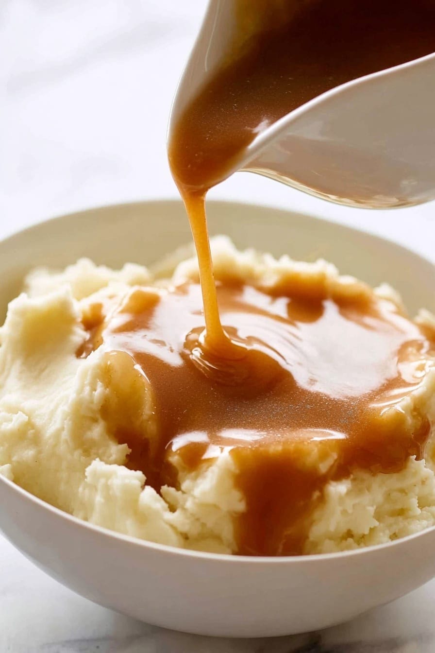 A close-up shows a white bowl filled with a creamy, pale yellow mashed potato layer that looks smooth and soft. On top, a thick, glossy brown gravy is being poured from a white gravy boat, creating a shiny, flowing layer over the mashed potatoes. The background surface is white with a marble texture. photo taken with an iphone --ar 2:3 --v 7 - KFC-Inspired Homemade Gravy, homemade gravy recipe, quick gravy recipe, savory homemade gravy, easy gravy for mashed potatoes