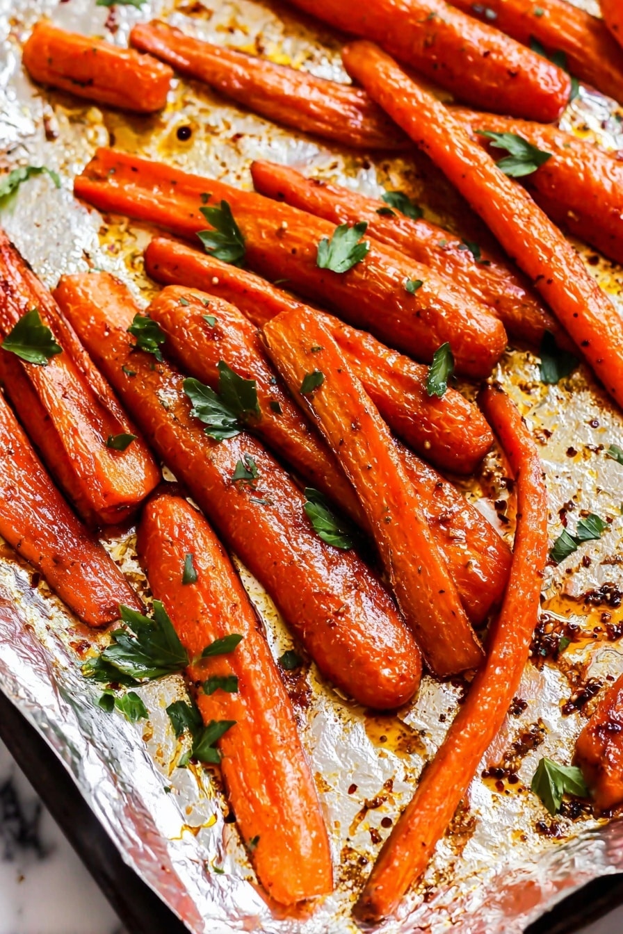The image shows a baking tray covered with shiny silver foil holding several roasted carrots. The carrots are cut into long pieces, some whole and some sliced lengthwise, with a bright orange color and a slightly caramelized texture. Small green parsley leaves are scattered on top for garnish. The foil has spots of roasted oil and seasoning, adding an appetizing glistening effect. The background surface is a white marbled texture. Photo taken with an iphone --ar 2:3 --v 7 - Maple Roasted Carrots, roasted carrot side dish, sweet savory carrots, easy vegetable side, fall vegetable recipes