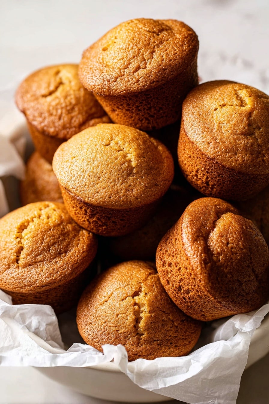 A white bowl lined with crinkled white parchment paper holds a pile of golden brown muffins with rounded, cracked tops and slightly darker sides, visibly soft and moist in texture. The muffins are stacked irregularly, some standing upright while others rest on their sides, showing the porous crumb of their layers. The scene is set on a white marbled surface with soft natural light casting gentle shadows that highlight the muffin tops’ fine cracks and rich warm color. Photo taken with an iphone --ar 2:3 --v 7 - Perfect Pumpkin Muffins, pumpkin muffins recipe, fall muffin recipes, moist pumpkin muffins, cozy spice muffins
