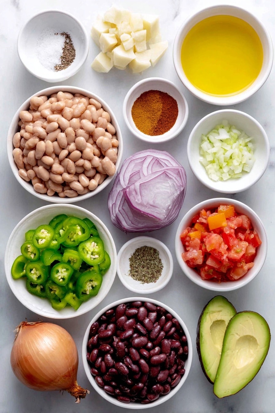 Flat lay of a small white ceramic bowl of golden olive oil, half a large yellow onion roughly chopped, one green bell pepper diced, one red bell pepper diced, one small bright green jalapeño minced, three garlic cloves whole and unpeeled, a small white bowl of coarse salt, a small white bowl of freshly ground black pepper, a small white bowl of warm brown ground cinnamon, a small white bowl of light brown ground cumin, a small white bowl of deep red chili powder, a small white bowl of pale beige onion powder, a small white bowl of rich vegetable broth, a simple white ceramic bowl filled with bright red petite diced tomatoes, a small white ceramic bowl with rinsed light brown pinto beans, a small white ceramic bowl holding dark red kidney beans, a small white ceramic bowl of smooth orange pumpkin puree, a fresh large sweet potato peeled and diced into cubes, a small white ceramic bowl with shiny black beans, a small pile of freshly chopped bright green cilantro leaves, finely chopped vivid purple-red onion, and sliced ripe green avocado arranged with perfect symmetry, placed on a clean white marble surface, soft natural light, photo taken with an iPhone, professional food photography style, fresh ingredients, white ceramic bowls, no bottles, no duplicates, no utensils, no packaging --ar 2:3 --v 7 --p awthu7i m7354615311229779997 - Vegetarian Pumpkin Chili, hearty vegetarian chili, pumpkin chili recipe, vegetarian pumpkin soup, easy healthy chili