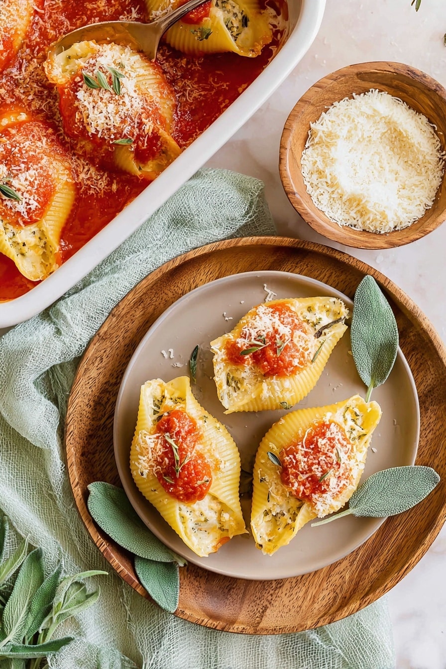 Three stuffed pasta shells sit on a round wooden plate, which is placed on a white plate. Each shell is filled with a yellow, creamy mixture and topped with a small spoonful of red tomato sauce, light sprinklings of grated cheese, and tiny green herb leaves. Fresh green sage leaves lie underneath the shells on the wooden plate. To the top left, a white baking dish contains the same shells covered in red tomato sauce with melted cheese on top. A small wooden bowl filled with white grated cheese is placed above the plates. The background features a light green cloth on a white marbled surface. photo taken with an iphone --ar 2:3 --v 7 - Pumpkin Stuffed Shells with Ricotta, Pumpkin stuffed shells, Fall pasta recipes with pumpkin, Easy pumpkin pasta bake, Creamy pumpkin ricotta shells