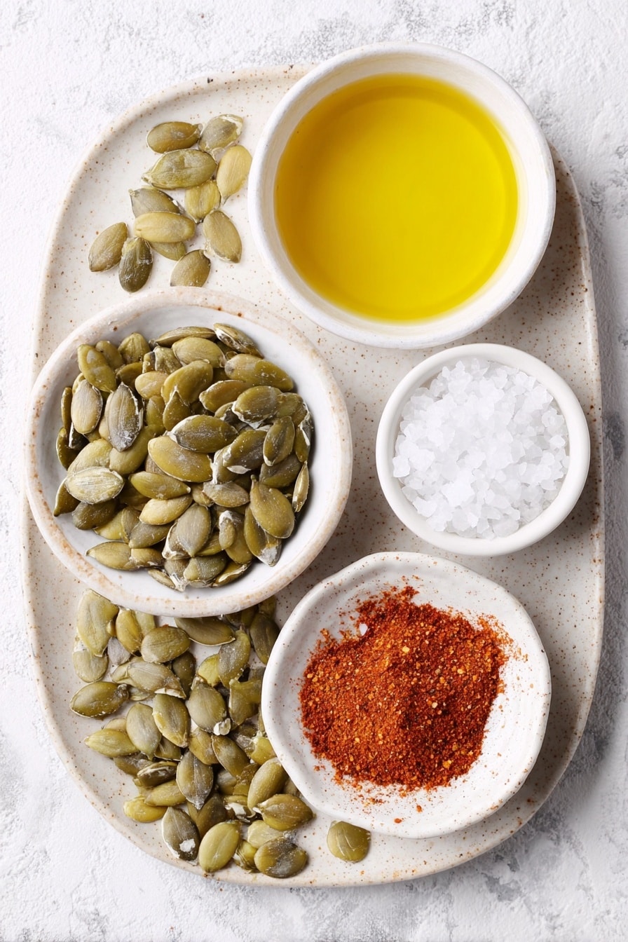 Flat lay of raw pumpkin seeds scattered beside a small white ceramic bowl of vibrant golden extra-virgin olive oil, a small white ceramic bowl filled with coarse sea salt crystals, and a small white ceramic bowl containing bright red chili powder, all arranged with perfect symmetry on a simple white ceramic plate holding a few fresh pumpkin seeds, placed on a clean white marble surface, soft natural light, photo taken with an iPhone, professional food photography style, fresh ingredients, white ceramic bowls, no bottles, no duplicates, no utensils, no packaging --ar 2:3 --v 7 --p awthu7i m7354615311229779997 - Crispy Roasted Pumpkin Seeds with Chili, spicy pumpkin seed snack, homemade roasted pumpkin seeds, chili-flavored pumpkin seeds, fall snack recipes