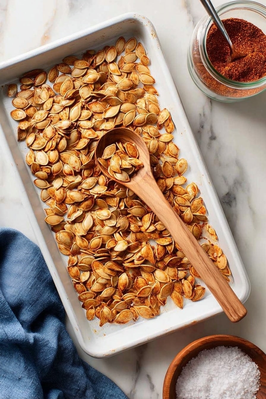 A metal baking sheet holds a single layer of golden brown roasted pumpkin seeds spread out evenly on white parchment paper. A wooden spoon filled with more roasted seeds rests near the right side of the sheet, its handle extending outwards. The baking sheet is placed on a white marbled surface with a blue cloth partially visible on the lower left corner and a round wooden bowl with salt in the lower right corner. The seeds show slight color variation from light to darker golden brown, giving a roasted texture. photo taken with an iphone --ar 2:3 --v 7 - Crispy Roasted Pumpkin Seeds with Chili, spicy pumpkin seed snack, homemade roasted pumpkin seeds, chili-flavored pumpkin seeds, fall snack recipes