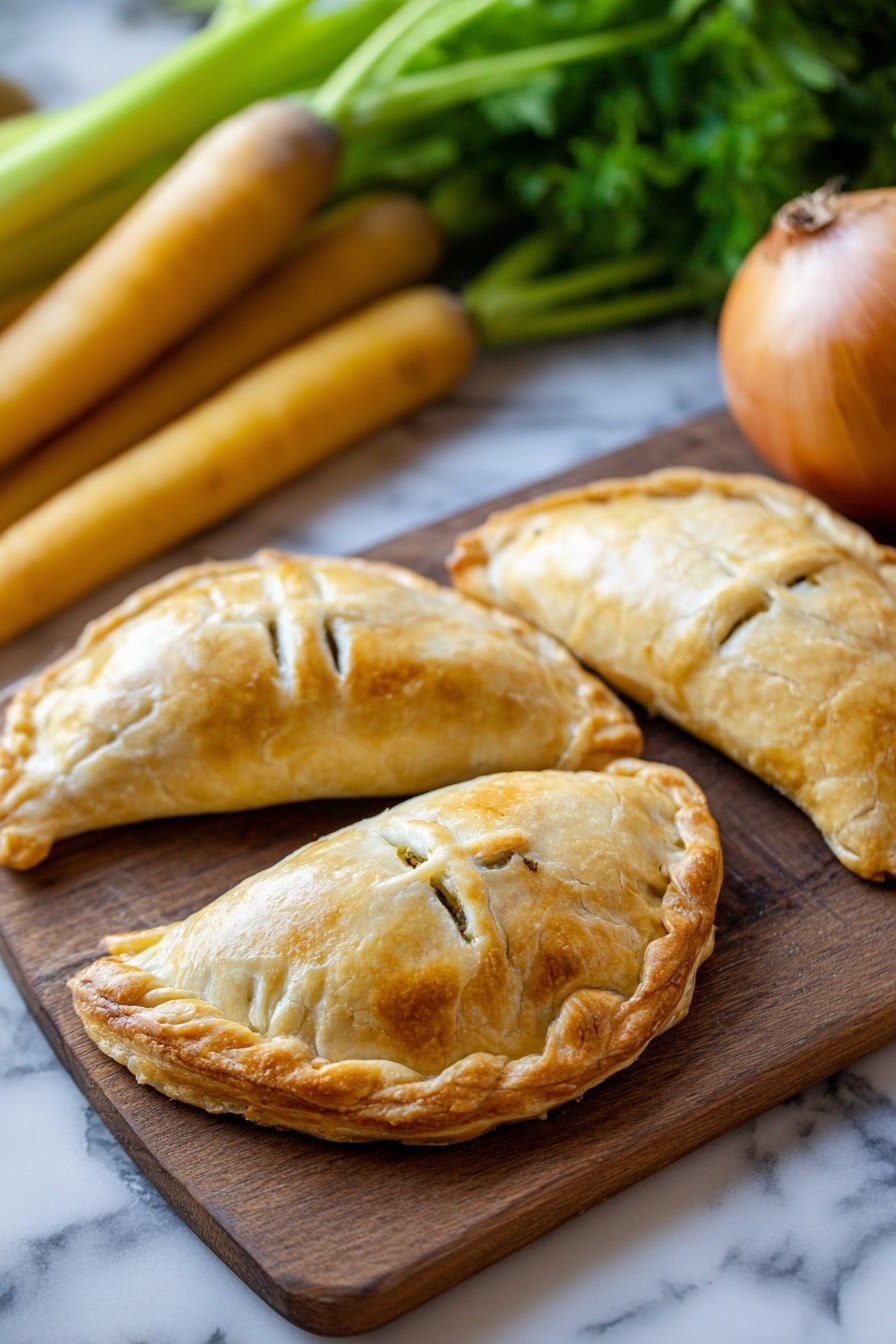 The image shows two golden brown empanadas on a wooden board with crimped edges and steam vents on top, one near the center and the other at the bottom right corner. Above the empanadas, there are several long, yellow carrots laid out diagonally from left to right. To the upper right of the carrots, there is a large onion with a textured skin. The background is a white marbled texture. photo taken with an iphone --ar 2:3 --v 7 - Handheld Chicken Pot Pies, portable chicken pot pie, easy chicken pie recipe, flaky chicken pot pies, savory handheld pies