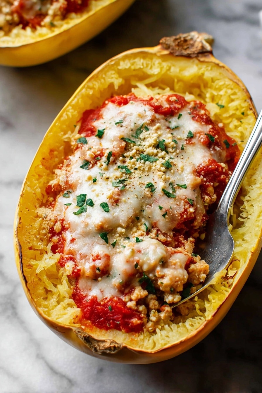 The dish shows a yellow spaghetti squash cut in half lengthwise, placed on a white marbled surface. The hollow center of the squash acts as a bowl, holding a bright red tomato sauce mixed with small crumbles of light beige tofu or ground protein. On top, there is a melted white cheese layer with melted texture, scattered with green parsley flakes and small crunchy-looking granules that add a textured contrast. A silver spoon is inserted into one half of the squash, ready to scoop. The edges of the squash show a slightly roasted look with a soft yellow flesh inside. photo taken with an iphone --ar 2:3 --v 7 - Spaghetti Squash Lasagna Bake, healthy lasagna with spaghetti squash, low-carb lasagna recipe, cheesy spaghetti squash casserole, easy healthy dinner recipes