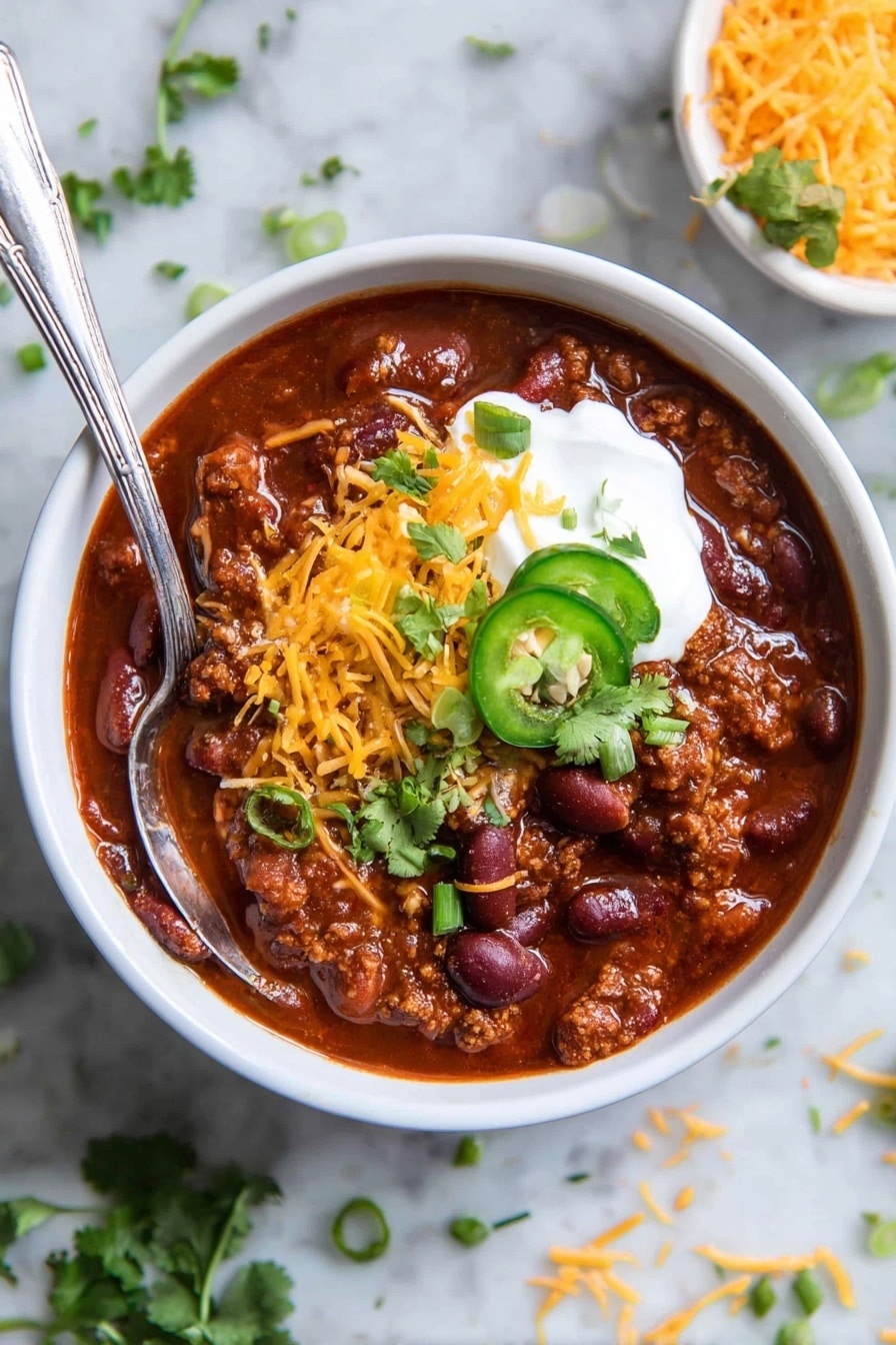 The image shows a white bowl filled with thick chili made of dark red beans and brown meat in a deep red sauce. On top, there is a layer of bright orange shredded cheese, a dollop of white sour cream, and green chopped spring onions with a slice of green jalapeño pepper and fresh cilantro leaves. A silver spoon is placed inside the bowl. The bowl sits on a white marbled surface with some scattered shredded cheese and green herb sprigs nearby. Photo taken with an iphone --ar 2:3 --v 7 - Healthy Turkey Chili, healthy turkey chili recipe, easy turkey chili, low-calorie chili, protein-packed chili