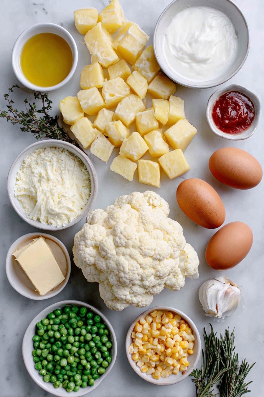 Flat lay of peeled Yukon gold potatoes cut into 2-inch cubes, a large head of cauliflower broken into florets, whole uncracked brown eggs with clean shells, a small white bowl of plain Greek yogurt, a small white bowl of milk, a small white bowl of lower sodium chicken broth, a few pats of butter, a small white bowl of olive oil, fresh chopped onion, two peeled and diced carrots, two diced celery ribs, three cloves of fresh garlic, a small white bowl of flour, a small white bowl of tomato paste, a small white bowl of Worcestershire sauce, fresh sprigs of thyme and rosemary chopped, a small pile of frozen corn kernels, a small pile of frozen peas placed on a clean white marble surface, soft natural light, photo taken with an iPhone, professional food photography style, fresh ingredients, white ceramic bowls, no bottles, no duplicates, no utensils, no packaging --ar 2:3 --v 7 --p awthu7i m7354615311229779997 - Healthy Turkey Shepherd's Pie, healthy shepherd's pie recipe, turkey casserole with veggies, low-fat comfort food, nutritious shepherd's pie
