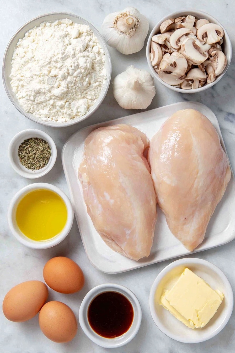 Flat lay of two raw chicken breasts with smooth pale pink skin, a small white ceramic bowl of white all-purpose flour, a few whole uncracked brown eggs, a small white ceramic bowl filled with golden olive oil, a small pat of creamy yellow butter on a white ceramic dish, a small white ceramic bowl holding sliced light brown cremini mushrooms, half a medium yellow onion chopped finely on a simple white plate, a small white ceramic bowl of grainy yellow Dijon mustard, a small white ceramic bowl containing dark brown Worcestershire sauce, three peeled garlic cloves scattered whole, a small white ceramic bowl with clear golden chicken broth, a small white ceramic bowl of thick white sour cream, a small pile of coarse salt crystals and a few whole black peppercorns placed neatly next to the ingredients, arranged with perfect symmetry and realistic proportions, placed on a clean white marble surface, soft natural light, photo taken with an iPhone, professional food photography style, fresh ingredients, white ceramic bowls, no bottles, no duplicates, no utensils, no packaging --ar 2:3 --v 7 --p awthu7i m7354615311229779997 - Easy Chicken Stroganoff, Chicken Stroganoff Dinner, Creamy Chicken Stroganoff, Quick Chicken Stroganoff Recipe, Comfort Food Chicken Stroganoff