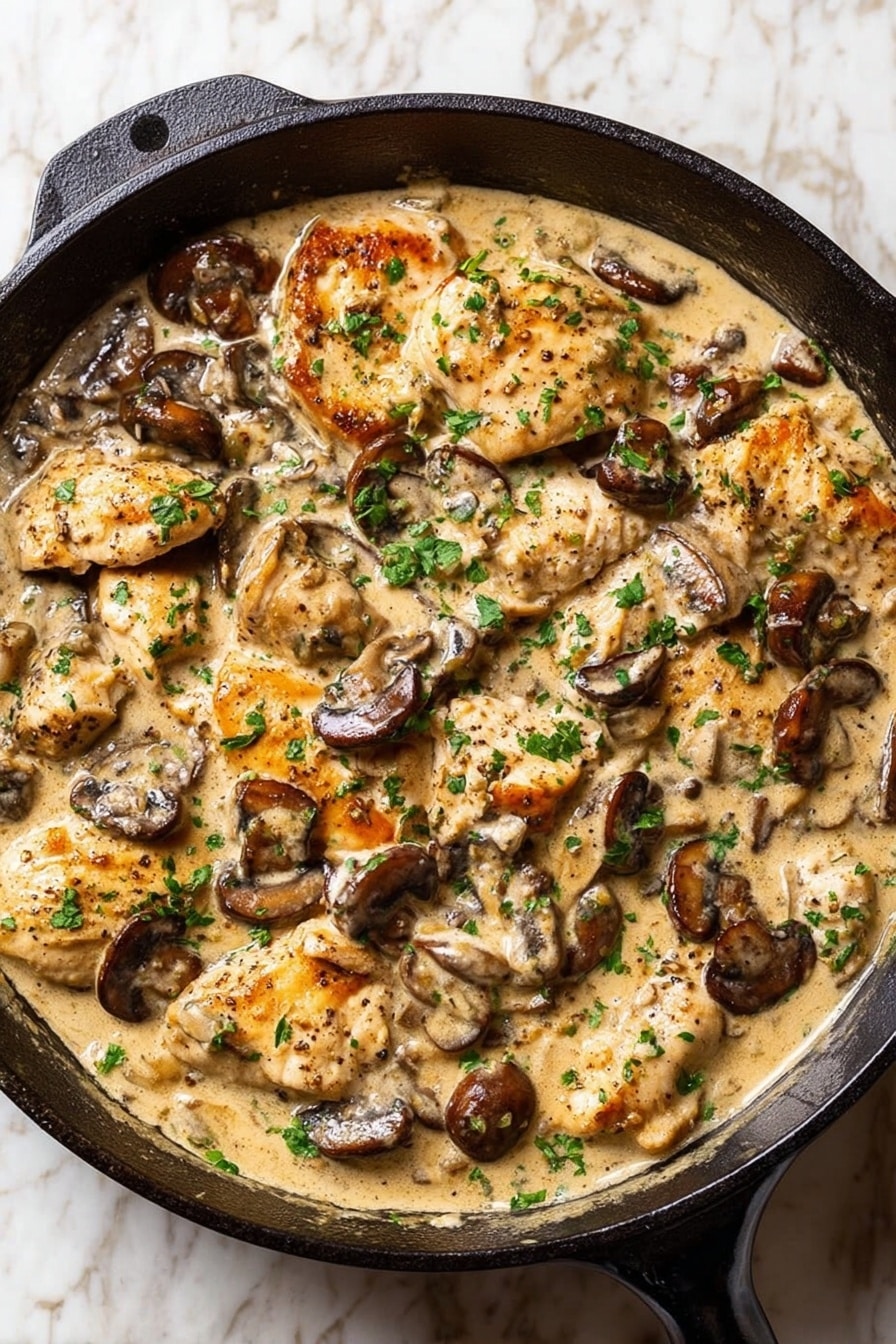 A close-up view of a black cast iron skillet filled with creamy chicken and mushroom dish in a light beige sauce. The top layer shows golden-brown browned pieces of chicken mixed evenly with dark brown sliced mushrooms, all coated in the creamy sauce and sprinkled with small green parsley bits and ground black pepper. The skillet sits on a white marbled surface. photo taken with an iphone --ar 2:3 --v 7 - Easy Chicken Stroganoff, Chicken Stroganoff Dinner, Creamy Chicken Stroganoff, Quick Chicken Stroganoff Recipe, Comfort Food Chicken Stroganoff