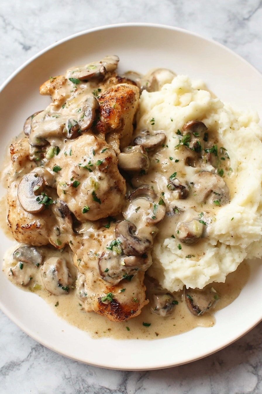 On a white plate, there is a serving of mashed potatoes that looks soft and creamy, positioned on the right side. The mashed potatoes are topped with a light brown creamy mushroom sauce with sliced mushrooms scattered on top, adding darker brown and beige tones. On the left side of the plate, there are several pieces of browned chicken, also covered in the same creamy mushroom sauce. The dish is sprinkled with small bits of green herbs for color contrast. The background has a white marbled texture. Photo taken with an iphone --ar 2:3 --v 7 - Easy Chicken Stroganoff, Chicken Stroganoff Dinner, Creamy Chicken Stroganoff, Quick Chicken Stroganoff Recipe, Comfort Food Chicken Stroganoff
