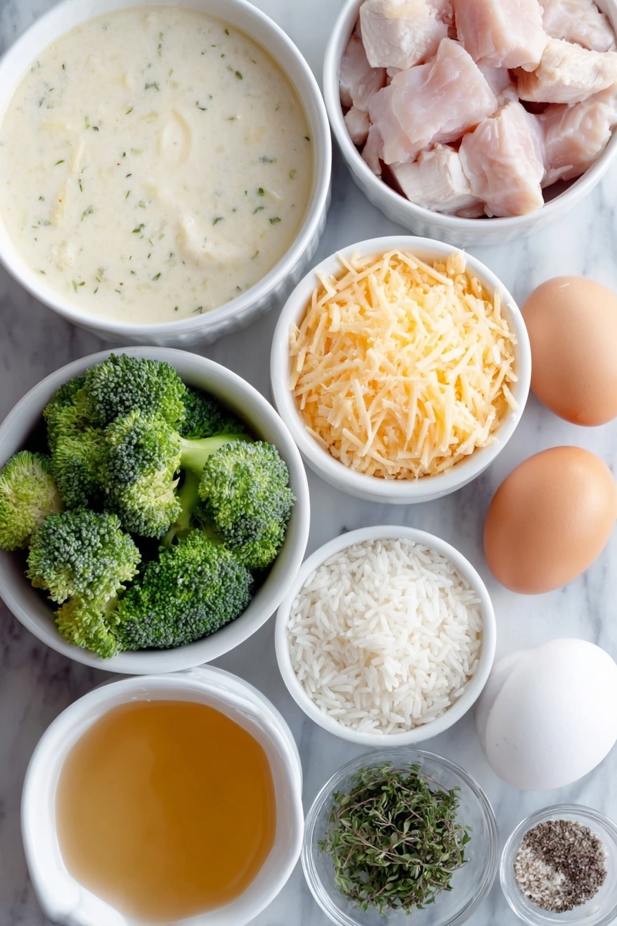 Flat lay of a small white ceramic bowl of creamy chicken soup, a small white ceramic bowl of golden chicken broth, a small white ceramic bowl of uncooked long grain white rice, a few pieces of raw diced boneless skinless chicken breast, a small white ceramic bowl of fresh baby broccoli florets, a small white ceramic bowl of grated sharp cheddar cheese, two whole uncracked brown eggs, small white ceramic bowls containing kosher salt and ground black pepper, a small white ceramic bowl with mixed fresh herbs including parsley, thyme, basil, oregano, and chives, placed on a clean white marble surface, soft natural light, photo taken with an iPhone, professional food photography style, fresh ingredients, white ceramic bowls, no bottles, no duplicates, no utensils, no packaging --ar 2:3 --v 7 --p awthu7i m7354615311229779997 - One-Pan Chicken Broccoli Rice Bake, Chicken broccoli rice bake, easy one-pan dinner, healthy weeknight meals, comforting baked chicken