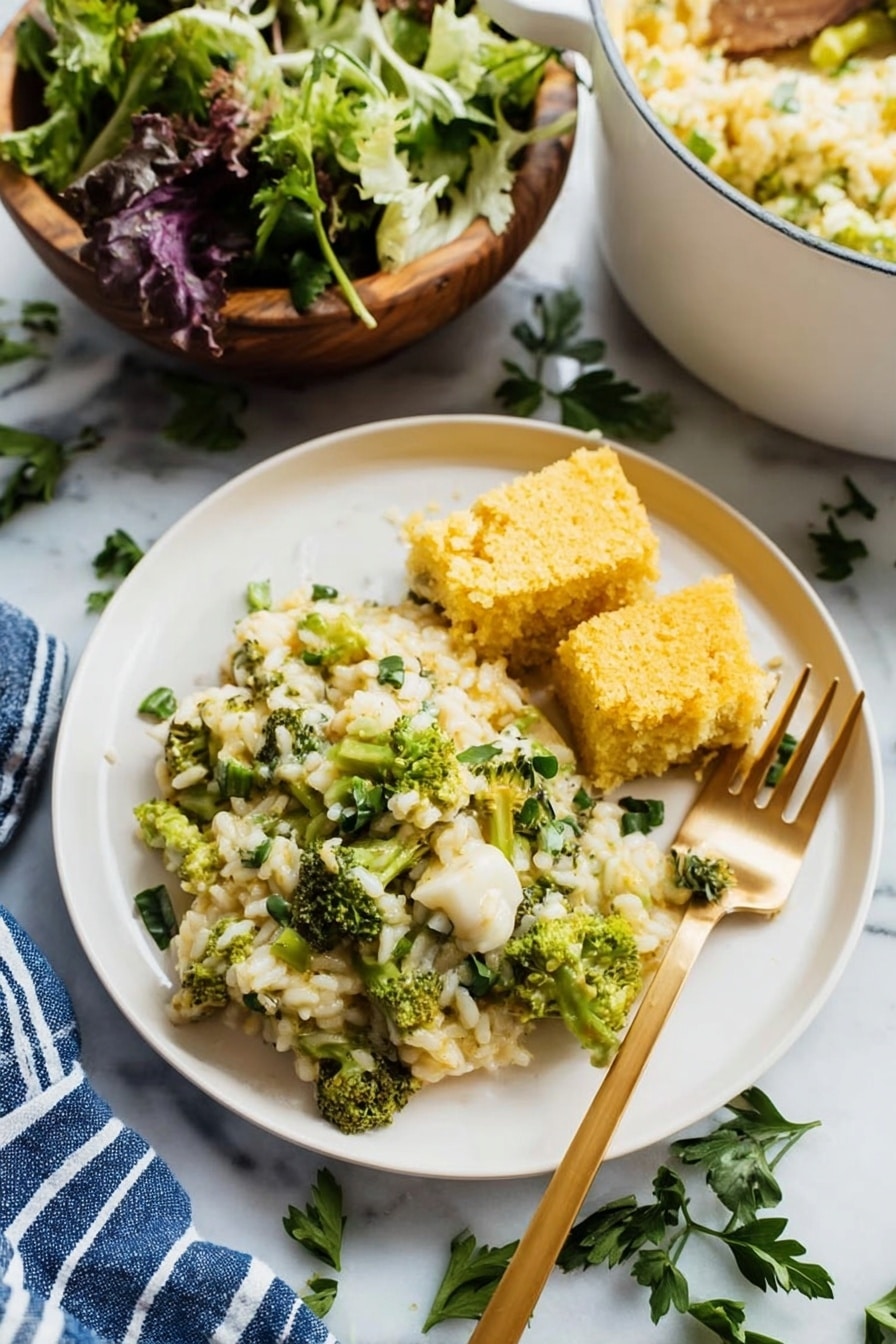 A white plate holds a creamy risotto mixed with bright green broccoli pieces and small white cheese chunks, topped with green herbs. On the side of the plate, there are two thick yellow cornbread squares with a soft texture. A gold fork rests on the right side of the plate, partially inside the rice. In the background, there is a wooden bowl with fresh green and purple salad leaves and a white pot filled with more risotto, all set on a white marbled surface with scattered parsley leaves. A striped blue and white cloth is at the bottom left corner of the image. Photo taken with an iphone --ar 2:3 --v 7 - One-Pan Chicken Broccoli Rice Bake, Chicken broccoli rice bake, easy one-pan dinner, healthy weeknight meals, comforting baked chicken