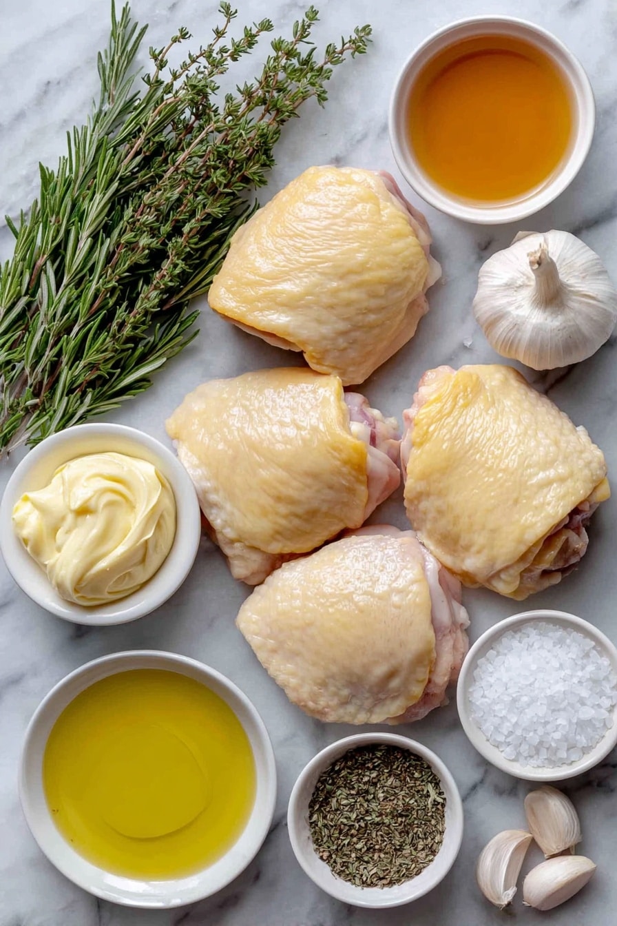 Flat lay of bone-in chicken thighs with smooth golden skin, a small white bowl of glossy amber honey, a small white bowl of creamy pale yellow Dijon mustard, two whole uncracked garlic bulbs with papery white skin, a small white bowl of clear golden extra-virgin olive oil, a few sprigs of fresh rosemary with dark green needle-like leaves, a few sprigs of fresh thyme with tiny green leaves, a small white bowl of coarse kosher salt crystals, a small white bowl of freshly ground black pepper, all arranged symmetrically on a clean white marble surface, soft natural light, photo taken with an iPhone, professional food photography style, fresh ingredients, white ceramic bowls, no bottles, no duplicates, no utensils, no packaging --ar 2:3 --v 7 --p awthu7i m7354615311229779997 - Honey Mustard Chicken Thighs, Honey Mustard Chicken Thighs recipe, easy chicken thigh recipes, flavorful weeknight chicken dinner, crispy baked chicken thighs