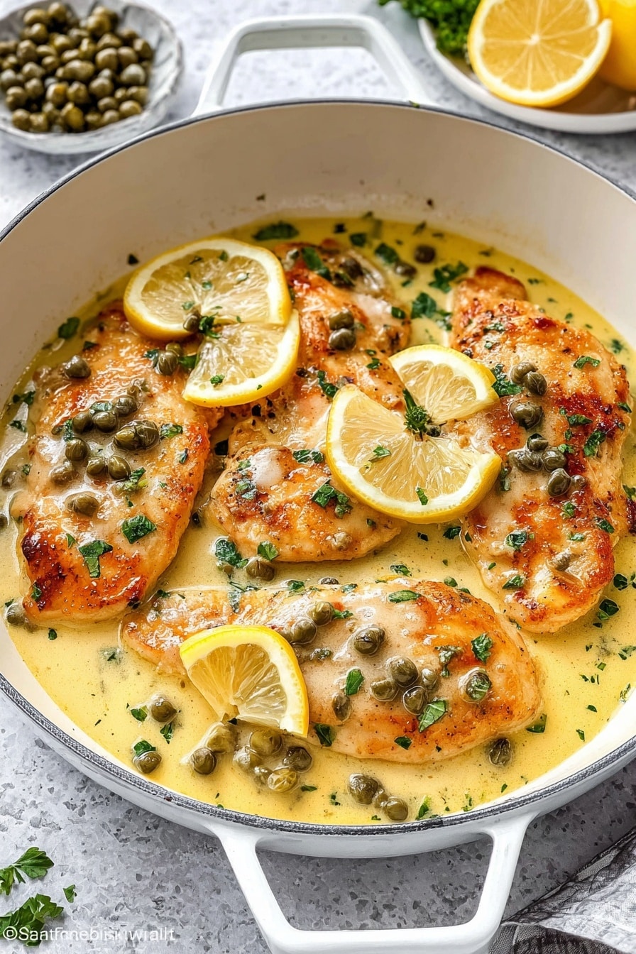 The image shows a white pan with three pieces of golden-brown cooked chicken layered at the bottom. The chicken is covered with a creamy yellow sauce that has small green capers scattered on top. There are small green parsley bits sprinkled over the sauce and chicken, and thin half-moon slices of bright yellow lemon placed on the chicken pieces. The pan handle is visible on the top and bottom sides. In the background, there is a white plate with capers and some green herbs on a white marbled surface. Photo taken with an iphone --ar 2:3 --v 7 - Easy Chicken Piccata with Lemon and Capers, Chicken Piccata, Lemon Chicken, Capers Chicken Recipe, Italian Chicken Dishes