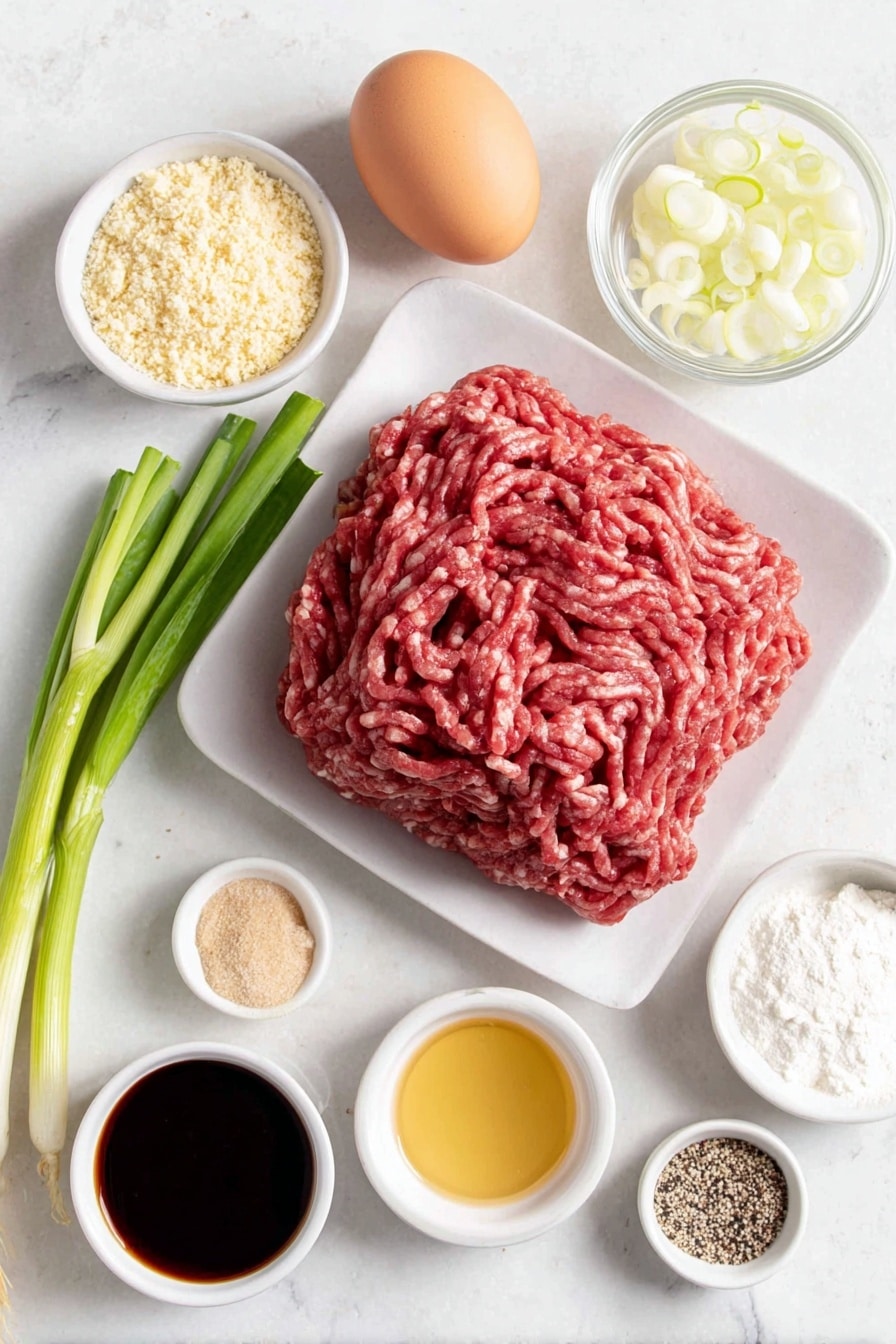 Flat lay of fresh ground beef formed into a loose mound, a small bowl of fine golden breadcrumbs, a small white bowl filled with finely chopped white onion, a few vibrant green onion stalks sliced into rounds, one whole brown egg with a smooth shell, a small white bowl containing dark soy sauce, a small white bowl of light golden brown sugar crystals, a small white bowl holding pale beige garlic powder, a small pile of coarse white salt crystals, a small heap of ground black pepper, a scattering of natural white and black sesame seeds, a small white bowl filled with clear rice vinegar, a small white bowl with liquid golden honey, a small white bowl of minced fresh garlic cloves, a small white bowl of fine white cornstarch powder, a small white bowl of clear water, all items perfectly arranged in balanced symmetry on a clean white marble surface, soft natural light, photo taken with an iPhone, professional food photography style, fresh ingredients, white ceramic bowls, no bottles, no duplicates, no utensils, no packaging --ar 2:3 --v 7 --p awthu7i m7354615311229779997 - Sticky Honey Garlic Meatballs, Honey Garlic Meatballs, Easy Dinner Recipes, Quick Weeknight Dinners, Family Favorite Meatball Recipes