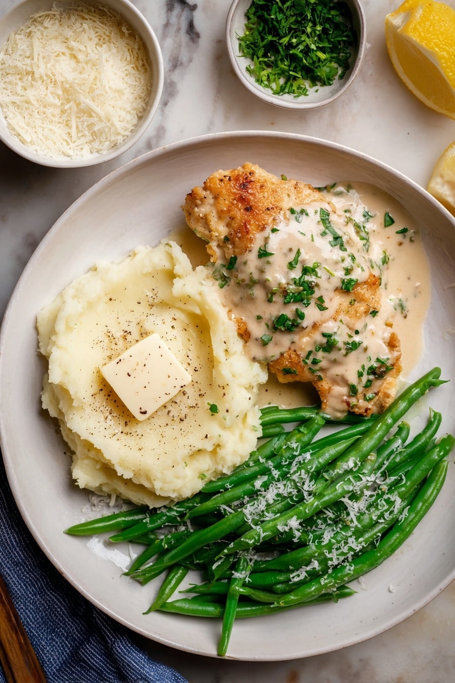 A white plate holds a meal with three sections. On the left is a golden-brown piece of cooked chicken topped with a creamy light beige sauce sprinkled with chopped green herbs. Below the chicken is a mousse-like creamy mashed potato with a square pat of melting butter on top, lightly dusted with black pepper and a few green herb bits. On the right side, a bunch of fresh bright green beans are neatly placed, sprinkled with some white grated cheese. The plate sits on a white marbled surface with a small white bowl of grated cheese in the upper left and a small white bowl of chopped green herbs in the top right, along with a lemon wedge on the bottom right corner. Photo taken with an iphone --ar 2:3 --v 7 - Creamy Garlic Parmesan Chicken, Chicken with creamy garlic sauce, Easy garlic parmesan chicken, flavor-rich chicken dinner, quick creamy chicken recipe