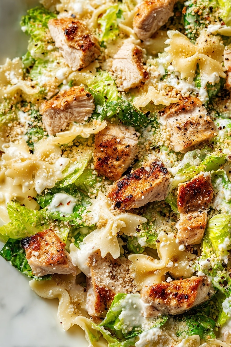 The dish shows a close-up of a mixed salad with several layers: tender grilled chicken pieces with a light brown, slightly charred outside spread evenly, bright green leafy lettuce pieces layered beneath and around the chicken, and farfalle pasta shapes in pale yellow nestled throughout. The salad is topped with grated pale cheese and small crunchy breadcrumbs giving a slightly rough texture, along with a creamy white sauce drizzled in bits over the ingredients and specks of black pepper sprinkled on top. The whole scene rests on a white marbled surface. photo taken with an iphone --ar 2:3 --v 7 - Chicken Caesar Pasta Salad, Chicken Caesar Pasta, Caesar Pasta Salad, Easy Chicken Pasta Salad, Make-Ahead Pasta Salad