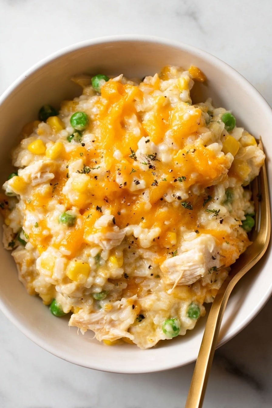 A close-up image of a bowl filled with creamy cheesy rice mixed with green peas, yellow corn, and small pieces of shredded chicken. The dish has a soft texture with melted orange cheese spread unevenly over the top and throughout the mix. Some black pepper is sprinkled lightly on the surface. There is a golden fork resting on the right side inside the bowl. The bowl is white and sits on a white marbled surface. Photo taken with an iphone --ar 2:3 --v 7 - Easy Chicken Rice Casserole, Chicken Rice Casserole, cheesy chicken casserole, creamy chicken bake, quick weeknight dinner