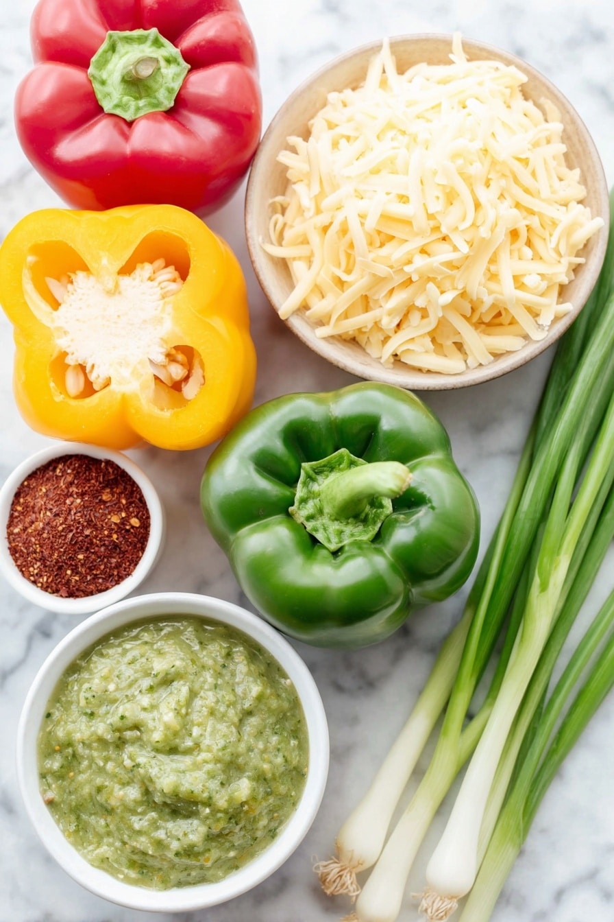 Flat lay of three halved red, yellow, and green bell peppers with seeds removed, a small pile of shredded cooked chicken breast, a small white ceramic bowl of bright green salsa verde, a block of smooth cream cheese, a small heap of finely grated sharp cheddar cheese, a small white ceramic bowl containing reddish paprika powder, a small white ceramic bowl with light beige onion powder, and two fresh green scallions with white bulbs, all arranged in perfect symmetry on a clean white marble surface, soft natural light, photo taken with an iPhone, professional food photography style, fresh ingredients, white ceramic bowls, no bottles, no duplicates, no utensils, no packaging --ar 2:3 --v 7 --p m7354615311229779997 - Creamy Chicken Stuffed Peppers, Healthy Chicken Stuffed Peppers, Easy Stuffed Peppers with Chicken, Cheesy Chicken Peppers, Salsa Verde Stuffed Peppers