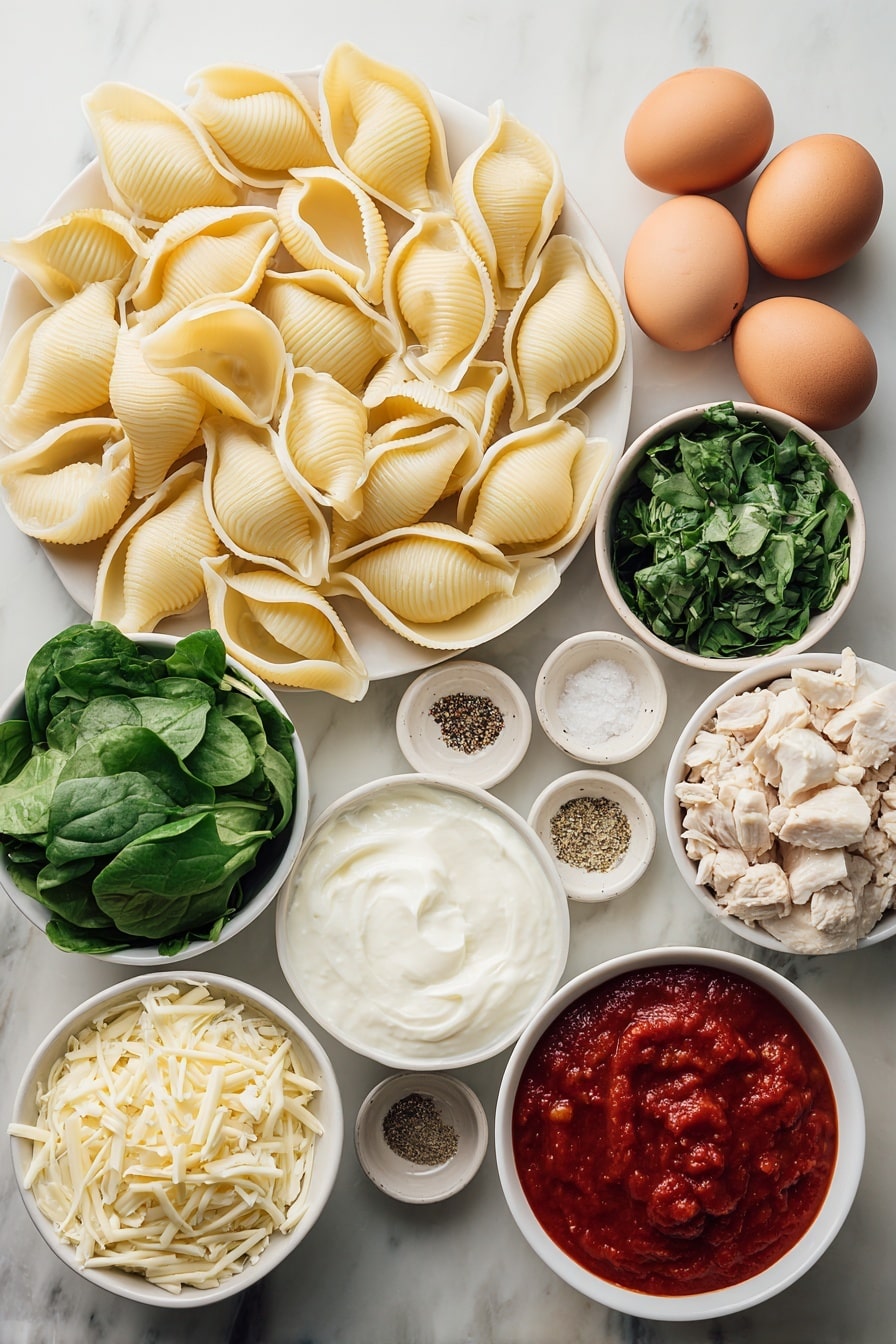 Flat lay of fresh jumbo pasta shells arranged neatly, a small pile of shredded mozzarella cheese, a small mound of shredded parmesan, a small white ceramic bowl filled with bright red pasta sauce, a small white ceramic bowl of creamy plain nonfat Greek yogurt, a small heap of chopped fresh spinach leaves, a small pile of chopped rotisserie chicken pieces, a small heap of chopped artichoke hearts, a few whole uncracked brown eggs, and small white ceramic bowls containing salt, garlic powder, dried parsley, and black pepper placed symmetrically, all placed on a clean white marble surface, soft natural light, photo taken with an iPhone, professional food photography style, fresh ingredients, white ceramic bowls, no bottles, no duplicates, no utensils, no packaging --ar 2:3 --v 7 --p m7354615311229779997 - Chicken and Spinach Stuffed Shells, stuffed pasta shells with chicken, healthy stuffed shells recipe, easy chicken spinach pasta bake, comfort food stuffed shells