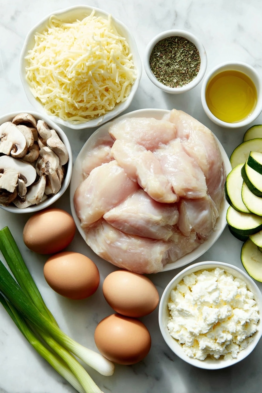 Flat lay of cubed raw chicken breasts seasoned with salt, thickly sliced fresh mushrooms, two medium zucchini sliced into half-moons, a small mound of shredded mozzarella cheese, a small white bowl of drained cottage cheese, four whole scallions with green tops, two whole uncracked brown eggs, a small white bowl containing olive oil, a small pile of grated parmesan cheese, and a small white bowl holding an Italian herb blend, arranged symmetrically on a simple white ceramic surface, placed on a clean white marble surface, soft natural light, photo taken with an iPhone, professional food photography style, fresh ingredients, white ceramic bowls, no bottles, no duplicates, no utensils, no packaging --ar 2:3 --v 7 --p m7354615311229779997 - Healthy Chicken Zucchini Bake, healthy chicken zucchini casserole, low-carb zucchini chicken bake, nutritious chicken and vegetable bake, easy healthy chicken recipes