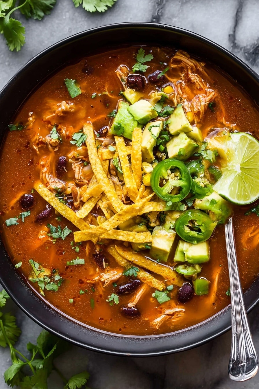 The dish is a black bowl filled with a rich, reddish-orange soup base that has a thick texture with visible shredded chicken and black beans mixed throughout. On top, there are bright yellow crispy tortilla strips layered randomly, diced green avocado pieces, thin slices of light green jalapeño peppers, and fresh green cilantro leaves scattered evenly. A light green lime wedge sits on one edge of the bowl. A silver spoon rests inside the bowl on the right side. The bowl is placed on a white marbled surface with some cilantro sprigs nearby. Photo taken with an iphone --ar 2:3 --v 7 - Easy Chicken Tortilla Soup, chicken tortilla soup, hearty soup recipes, quick chicken soup, comforting dinner ideas