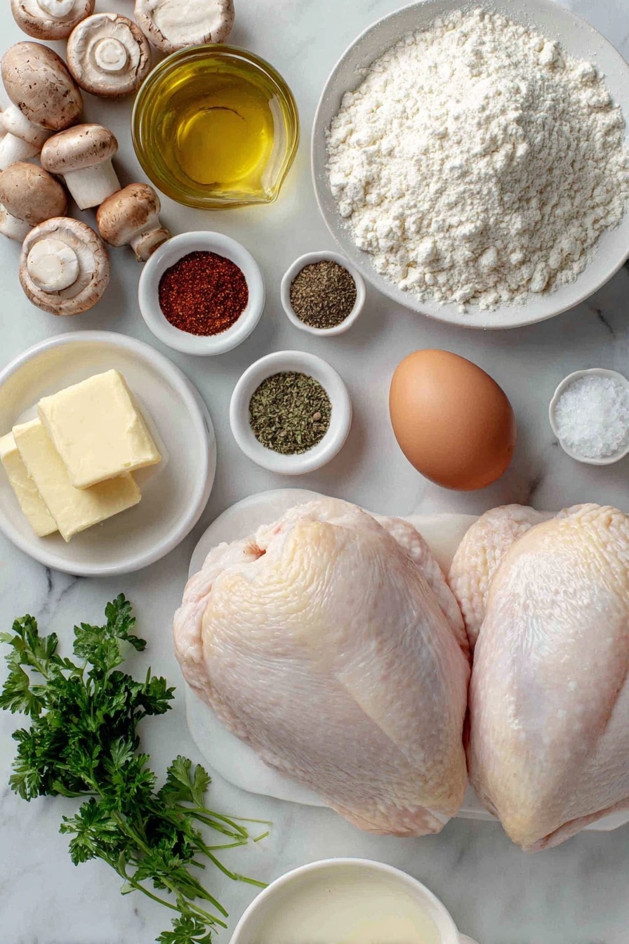 Flat lay of two large raw chicken breasts, one whole brown egg with a clean shell, a small mound of plain all-purpose flour on a white ceramic plate, a small white bowl with coarse salt, a small white bowl with freshly ground black pepper, a small white bowl with paprika powder, a small white bowl with garlic salt, a small white bowl of golden olive oil, a chunk of unsalted butter on a white ceramic dish, one peeled brown onion sliced into rings on a white plate, three peeled garlic cloves minced, a mix of fresh chestnut and button mushrooms sliced on a white ceramic plate, a small white bowl filled with amber-colored dry Marsala wine, a small white bowl with light golden chicken stock, a small white bowl with thick heavy cream, and a few sprigs of fresh chopped parsley arranged neatly on a simple white ceramic dish, placed on a clean white marble surface, soft natural light, photo taken with an iPhone, professional food photography style, fresh ingredients, white ceramic bowls, no bottles, no duplicates, no utensils, no packaging --ar 2:3 --v 7 --p m7354615311229779997 - Chicken Marsala with Mushrooms and Cream, Chicken Marsala, Mushroom Chicken Marsala, Creamy Chicken Marsala, Easy Chicken Marsala dinner