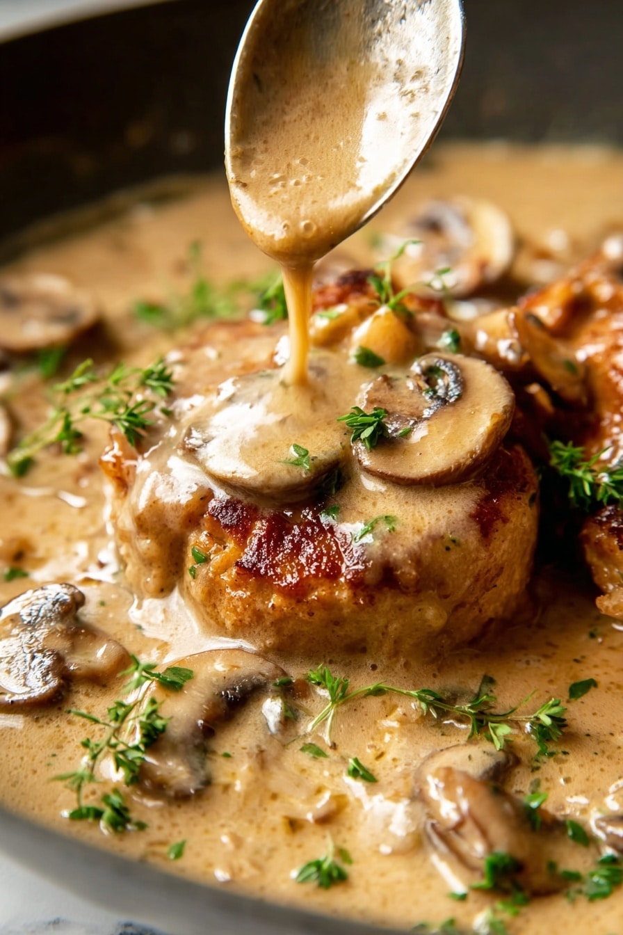 This image shows a close-up of four golden-brown fried chicken pieces in a creamy light brown sauce. The sauce has visible sautéed sliced onions and mushrooms, both light golden and brown in color. Small bits of fresh green parsley are sprinkled on top, adding a touch of bright green. The chicken pieces have a crispy texture with dark specks of seasoning. The dish is in a pan placed on a white marbled surface. photo taken with an iphone --ar 2:3 --v 7 - Chicken Marsala with Mushrooms and Cream, Chicken Marsala, Mushroom Chicken Marsala, Creamy Chicken Marsala, Easy Chicken Marsala dinner