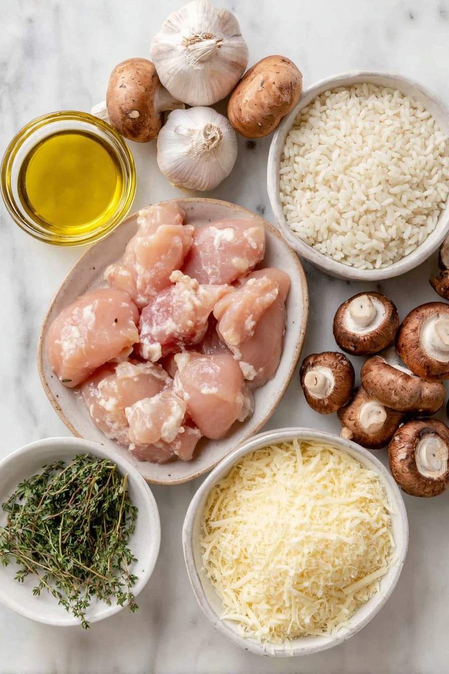 Flat lay of a small white ceramic bowl with golden olive oil, three fresh shallots with light purple and white skins, two plump skinless boneless chicken breasts cubed, a handful of fresh brown mushrooms including halved and whole ones, two whole cloves of garlic with smooth white skins, a small white ceramic bowl filled with pearly white Arborio rice, a small white ceramic bowl holding clear dry white wine, a small white ceramic bowl filled with fresh green thyme leaves, a small white ceramic bowl of finely grated pale yellow Parmesan cheese, and a small white ceramic bowl of coarse sea salt crystals, all arranged with perfect symmetry and realistic proportions, placed on a clean white marble surface, soft natural light, photo taken with an iPhone, professional food photography style, fresh ingredients, white ceramic bowls, no bottles, no duplicates, no utensils, no packaging --ar 2:3 --v 7 --p m7354615311229779997 - Chicken Mushroom Risotto with Thyme, Chicken Mushroom Risotto, Creamy Mushroom Risotto, Easy Chicken Risotto, Thyme Infused Risotto