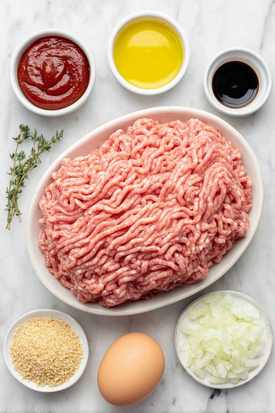 Flat lay of raw ground turkey in a simple white ceramic bowl, a small white bowl filled with bright red ketchup, a small white bowl with dark Worcestershire sauce, a few sprigs of fresh marjoram, one large whole brown egg with a clean shell, a small white bowl containing golden olive oil, half a small onion finely minced arranged neatly on a white ceramic plate, and a small white bowl of light brown seasoned whole wheat breadcrumbs, perfectly arranged in balanced symmetry, placed on a clean white marble surface, soft natural light, photo taken with an iPhone, professional food photography style, fresh ingredients, white ceramic bowls, no bottles, no duplicates, no utensils, no packaging --ar 2:3 --v 7 --p m7354615311229779997 - Healthy Turkey Meatloaf, healthy turkey meatloaf recipe, nutritious turkey meatloaf, easy healthy meatloaf, low-fat turkey meatloaf