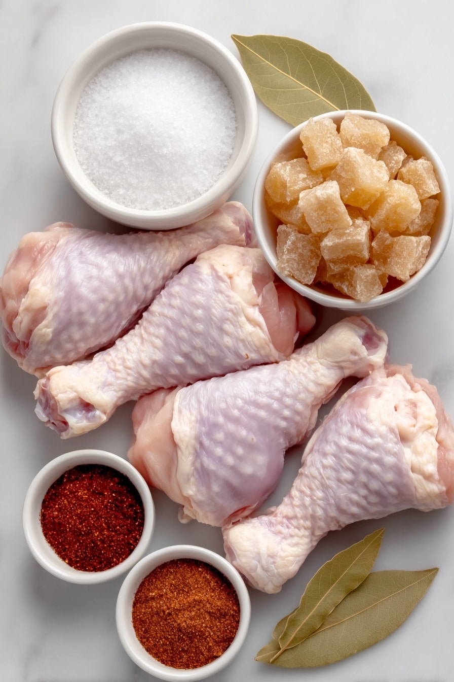 Flat lay of ten whole raw turkey legs with smooth clean skin, a fresh whole bay leaf, a small white ceramic bowl of coarse kosher salt, a small white bowl filled with golden brown sugar crystals, another small white bowl of light brown soft packed brown sugar, a small white bowl with bright red chili powder, a small white bowl with reddish paprika powder, a small white bowl containing a reddish-brown Montreal seasoning blend, and a small white bowl of pale onion salt, all arranged symmetrically and balanced on a clean white marble surface, soft natural light, photo taken with an iPhone, professional food photography style, fresh ingredients, white ceramic bowls, no bottles, no duplicates, no utensils, no packaging --ar 2:3 --v 7 --p m7354615311229779997 - Caveman Roasted Turkey Legs, roasted turkey legs recipe, juicy turkey leg cooking, spicy turkey leg ideas, open fire turkey legs