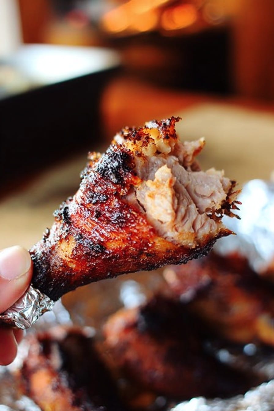 The image shows three cooked chicken drumsticks on a dark metal tray. Each drumstick is grilled, with a reddish-brown color and black grill marks, covered with spices. The ends of the drumsticks are wrapped in shiny silver foil. The tray sits on a white marbled surface with a slightly blurred background that hints at a home kitchen. The focus is on the front-most drumstick. photo taken with an iphone --ar 2:3 --v 7 - Caveman Roasted Turkey Legs, roasted turkey legs recipe, juicy turkey leg cooking, spicy turkey leg ideas, open fire turkey legs