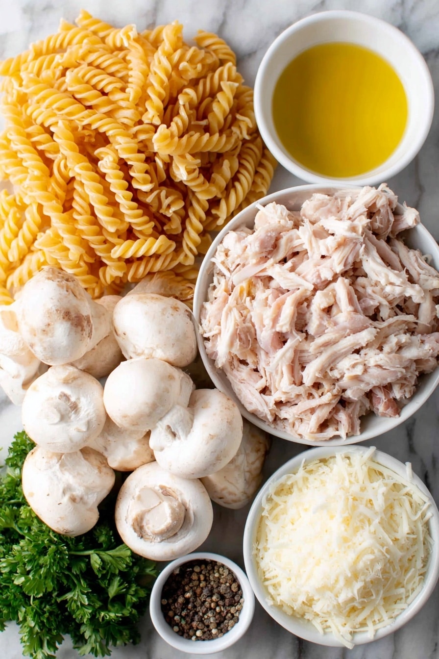 Flat lay of a small pile of uncooked fusilli pasta, a small white bowl of golden olive oil, a thinly sliced white onion arranged in a neat pile, fresh whole white mushrooms sliced, three whole uncracked garlic cloves, shredded pieces of cooked turkey meat, a small white bowl filled with thick heavy cream, a small white bowl of coarse sea salt, a small white bowl of cracked black peppercorns, a small bunch of fresh flat-leaf parsley sprigs, a small white bowl filled with grated parmesan cheese, all ingredients fresh and natural, arranged with perfect symmetry on a simple clean white marble surface, soft natural light, photo taken with an iPhone, professional food photography style, fresh ingredients, white ceramic bowls, no bottles, no duplicates, no utensils, no packaging --ar 2:3 --v 7 --p m7354615311229779997 - Creamy Turkey Pasta, leftover turkey pasta, quick turkey pasta, easy creamy pasta, Thanksgiving turkey recipes