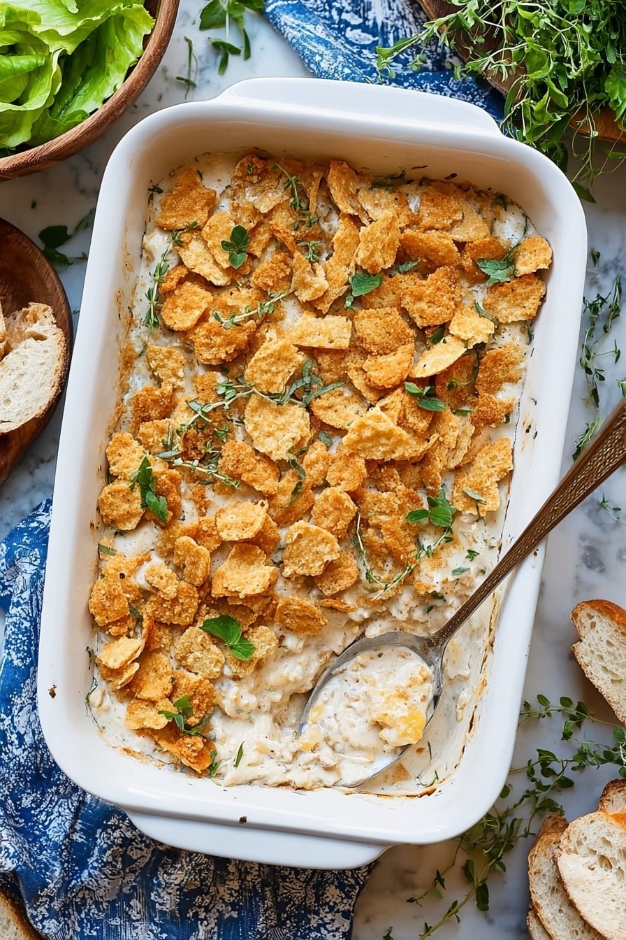 The image shows a white rectangular baking dish filled with a creamy, light beige casserole. The casserole has a thick layer of broken up golden-brown crackers scattered on top, with small green herb leaves sprinkled over them. The creamy base underneath looks smooth with some small pieces mixed in, likely vegetables or chicken, and a spoon rests inside the dish with a scoop taken out from one corner. The dish sits on a white marbled surface with a blue and white cloth underneath the left side. Surrounding the dish are fresh green lettuce leaves in a bowl on the top left, fresh herbs nearby, and torn white bread on the top right corner. photo taken with an iphone --ar 2:3 --v 7 - Leftover Turkey Rice Casserole, Turkey leftover recipes, easy casserole with turkey, creamy turkey casserole, Thanksgiving leftovers dinner