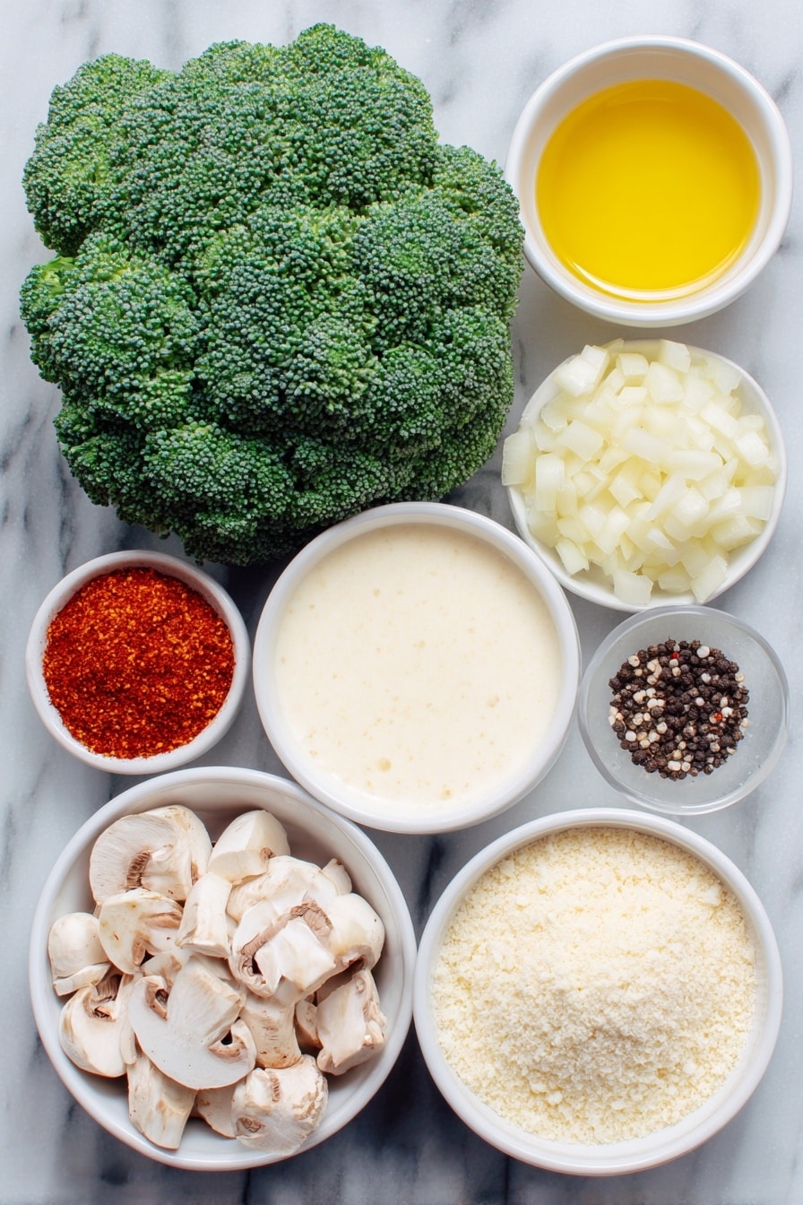 Flat lay of cooked, diced turkey pieces, fluffy cooked white rice grains, a small white ceramic bowl of creamy condensed mushroom soup, a small white ceramic bowl filled with clear chicken broth, a small white ceramic bowl of thick mayonnaise, a small white ceramic bowl of smooth sour cream, a small white ceramic bowl containing finely diced white onion, a small white ceramic bowl with finely diced celery stalks, a small white ceramic bowl of pale slivered almonds, two whole uncracked brown eggs, a small white ceramic bowl of coarsely crushed golden Ritz crackers, a small white ceramic bowl with melted yellow butter, a few sprigs of fresh green parsley, salt and black peppercorns scattered lightly for seasoning, all arranged symmetrically with balanced proportions on a clean white marble surface, soft natural light, photo taken with an iPhone, professional food photography style, fresh ingredients, white ceramic bowls, no bottles, no duplicates, no utensils, no packaging --ar 2:3 --v 7 --p m7354615311229779997 - Healthy Broccoli Mushroom Casserole, healthy vegetable casserole, easy broccoli mushroom bake, nutritious mushroom and broccoli dish, wholesome casserole recipe