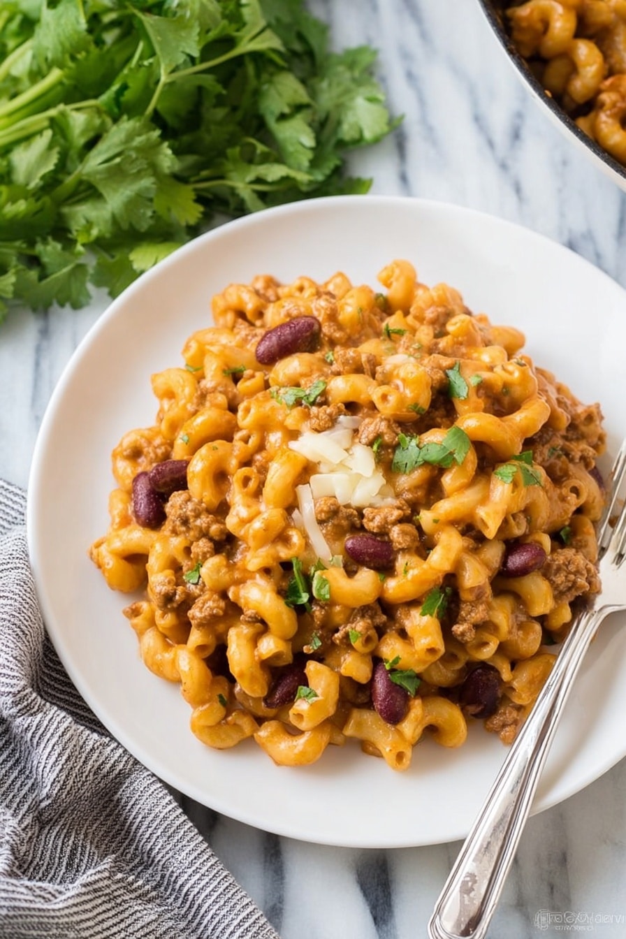 The dish shows a single layer of cooked elbow macaroni mixed with a creamy orange sauce, ground meat, and dark red kidney beans, all placed on a round white plate. The macaroni and sauce mix looks thick and slightly glossy, with small bits of green herbs sprinkled on top, adding a touch of color. A small amount of melted white cheese sits near the center, blending with the sauce. The plate rests on a white marbled surface with a silver fork beside it on the right, and in the background, there is a bunch of fresh green leafy herbs and a gray and white striped cloth. Photo taken with an iphone --ar 2:3 --v 7 - Turkey Chili Mac and Cheese, Turkey Chili Mac and Cheese recipe, comforting turkey pasta, one-pot turkey chili mac, healthy ground turkey dinner