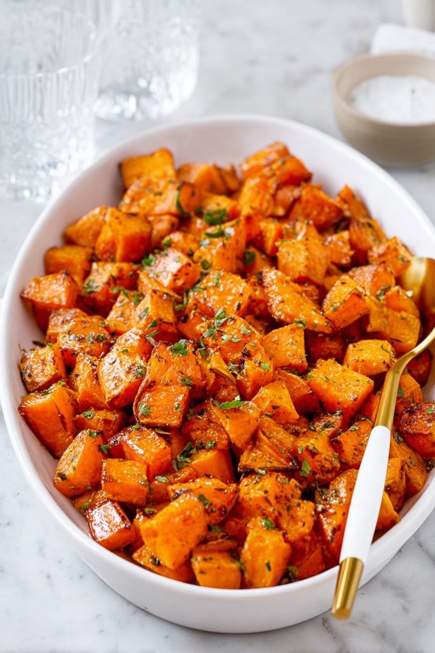 This image shows a white oval dish filled with roasted sweet potato cubes that are golden orange with some edges slightly browned, giving a crispy look. The cubes are sprinkled with small bits of green herb which add a fresh contrast to the orange. Inside the dish, on the right side, there is a golden spoon with a white handle resting among the sweet potatoes. The background is a white marbled surface with a clear glass and a small white bowl partially visible behind the main dish. The light is soft, highlighting the texture and color of the sweet potatoes clearly. photo taken with an iphone --ar 2:3 --v 7 - Maple Roasted Sweet Potatoes, caramelized sweet potato side dish, fall vegetable recipes, healthy sweet potato recipes, easy roasted sweet potatoes